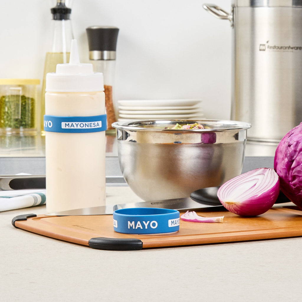 First In First Out Blue Silicone Mayo Label Band - Fits 16, 20 and 24 oz Squeeze Bottles - 10 count box