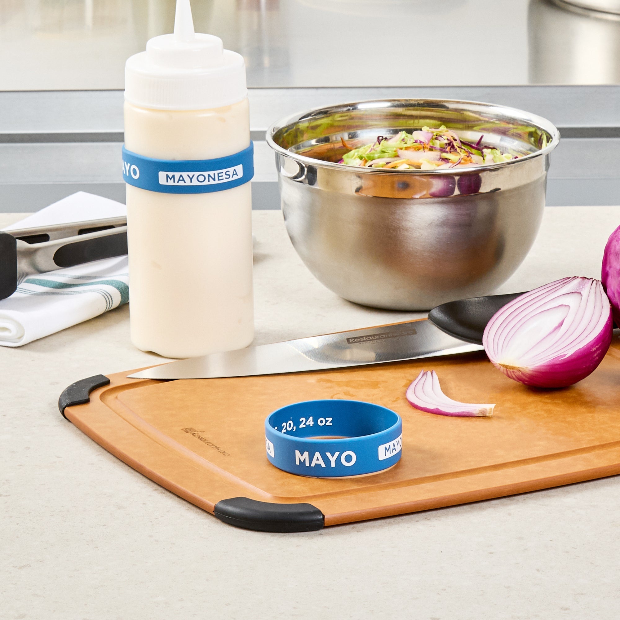 First In First Out Blue Silicone Mayo Label Band - Fits 16, 20 and 24 oz Squeeze Bottles - 10 count box
