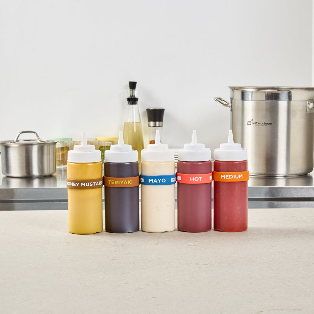 First In First Out Blue Silicone Mayo Label Band - Fits 16, 20 and 24 oz Squeeze Bottles - 10 count box