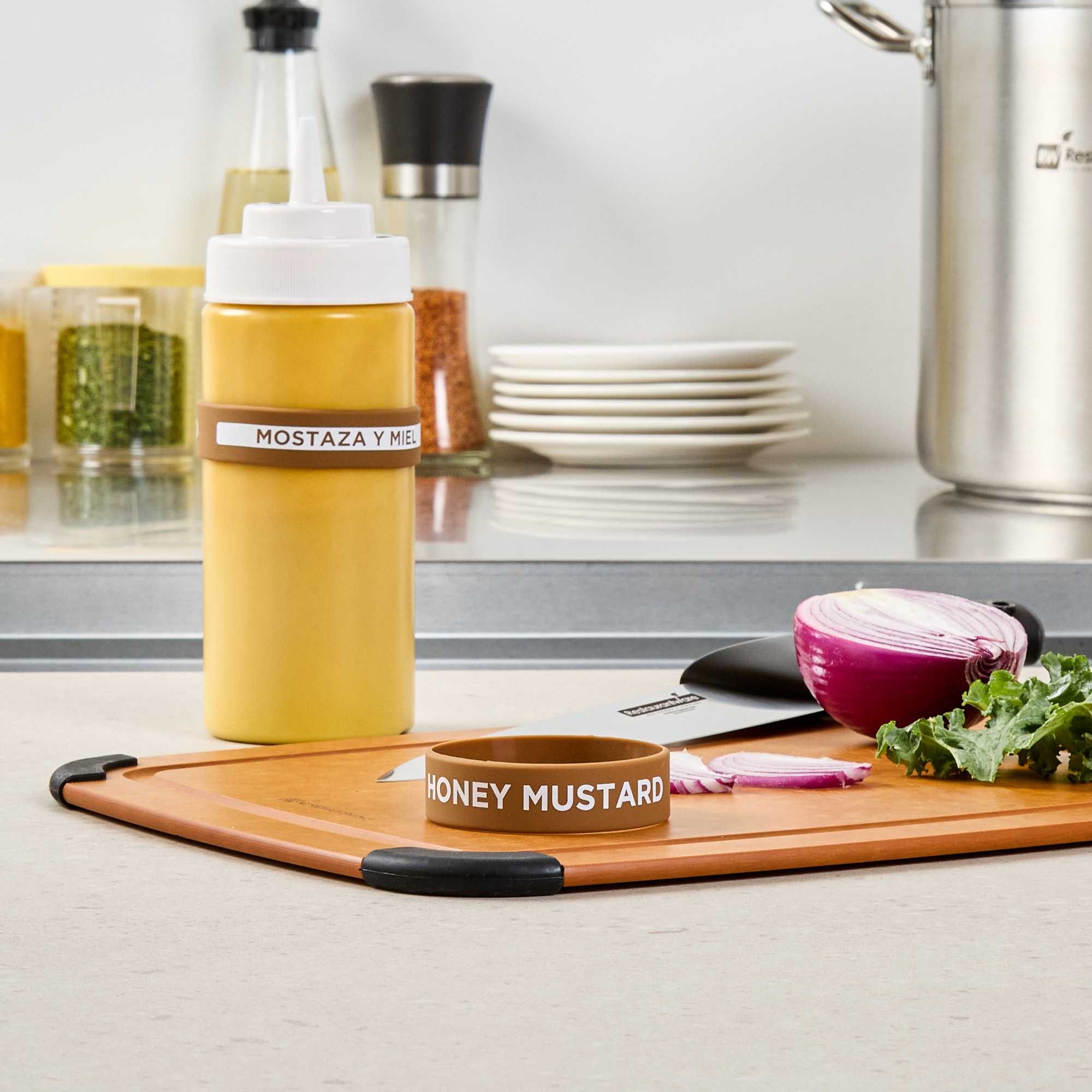 First In First Out Brown Silicone Honey Mustard Label Band - Fits 16, 20 and 24 oz Squeeze Bottles - 1 count box