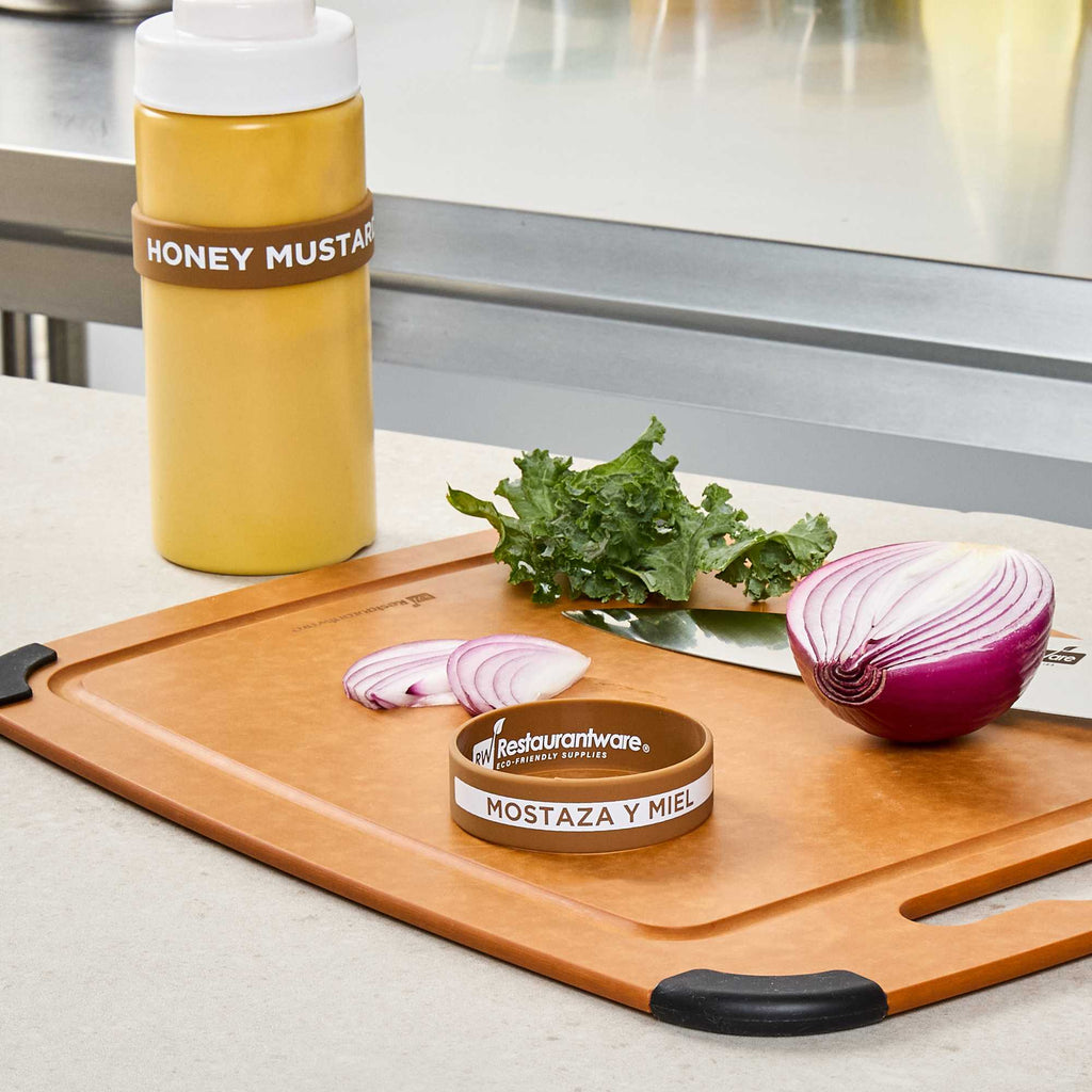 First In First Out Brown Silicone Honey Mustard Label Band - Fits 16, 20 and 24 oz Squeeze Bottles - 1 count box