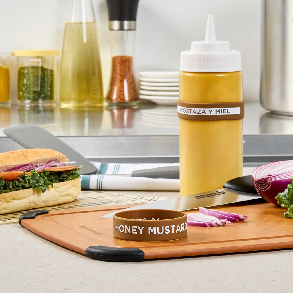 First In First Out Brown Silicone Honey Mustard Label Band - Fits 16, 20 and 24 oz Squeeze Bottles - 1 count box
