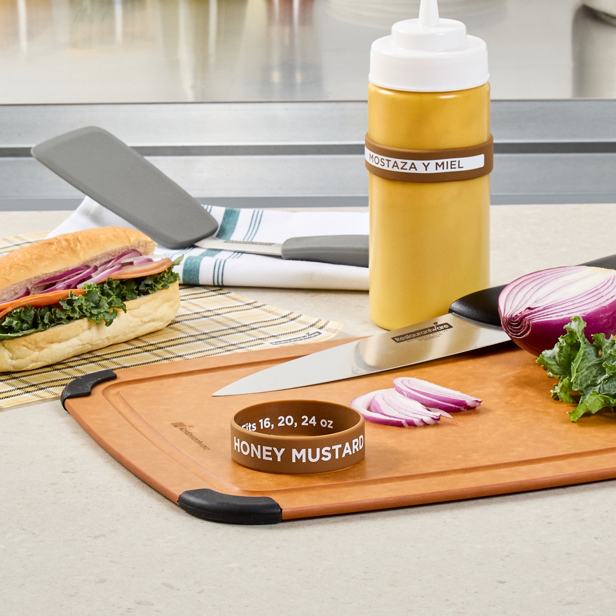 First In First Out Brown Silicone Honey Mustard Label Band - Fits 16, 20 and 24 oz Squeeze Bottles - 10 count box