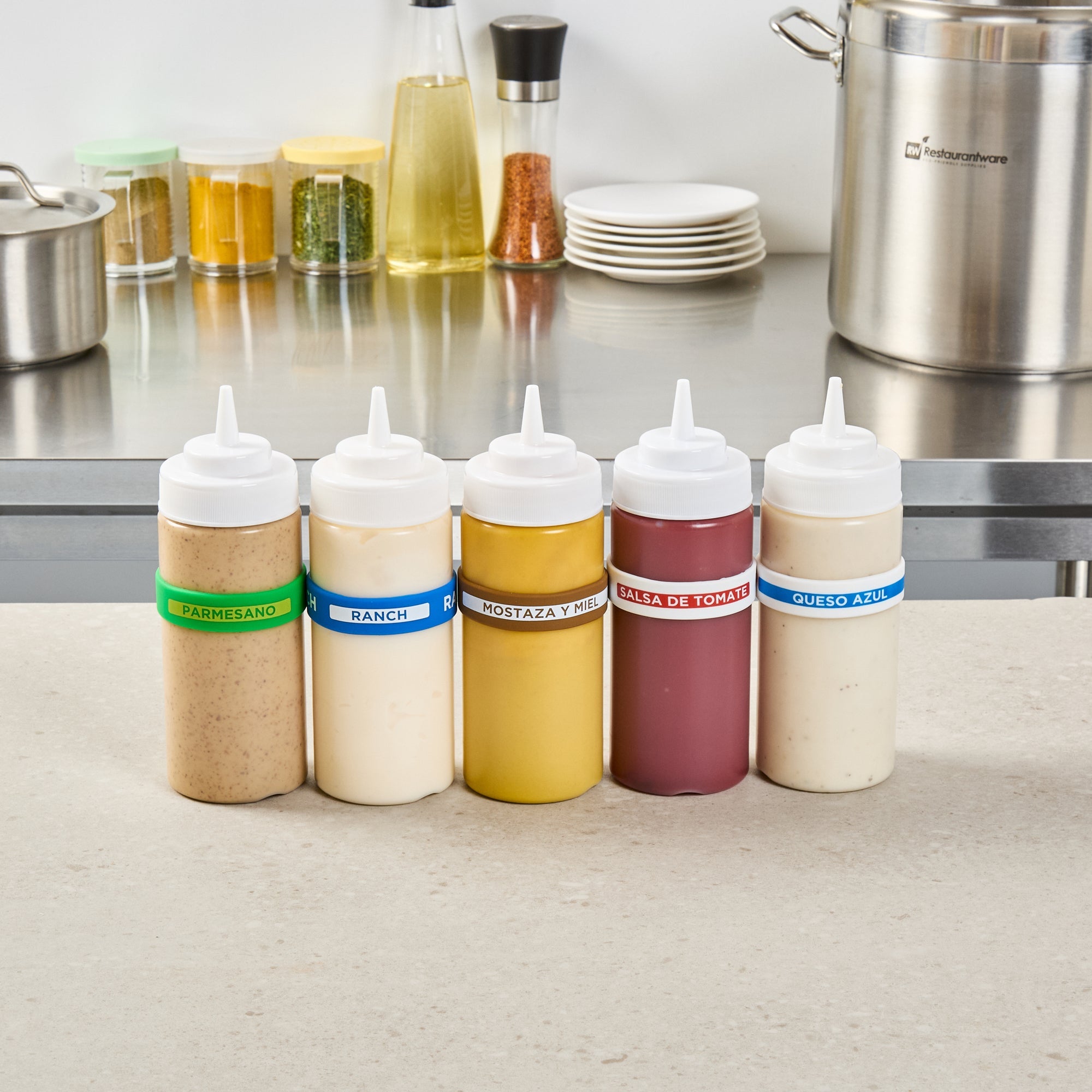 First In First Out Brown Silicone Honey Mustard Label Band - Fits 16, 20 and 24 oz Squeeze Bottles - 10 count box