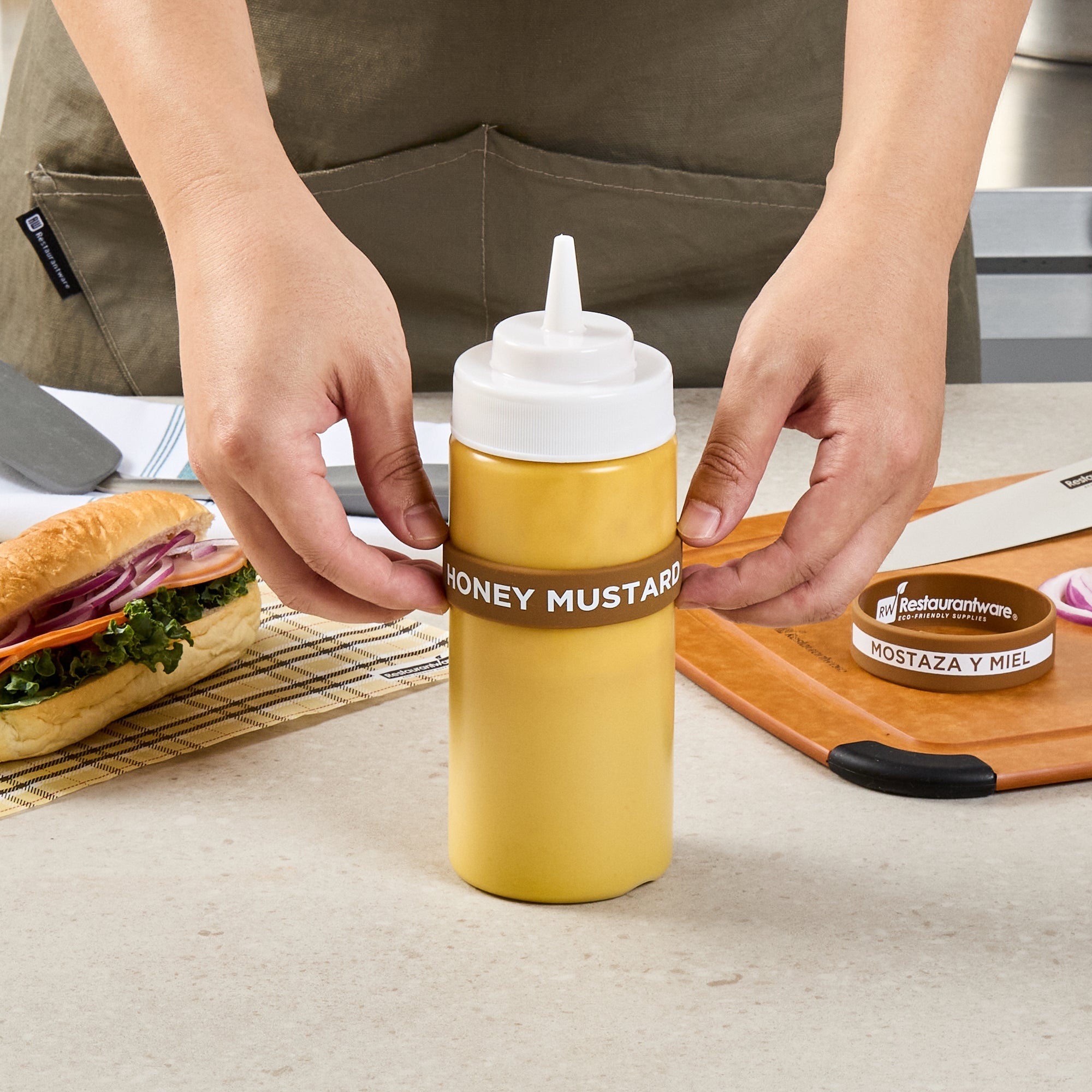 First In First Out Brown Silicone Honey Mustard Label Band - Fits 16, 20 and 24 oz Squeeze Bottles - 10 count box