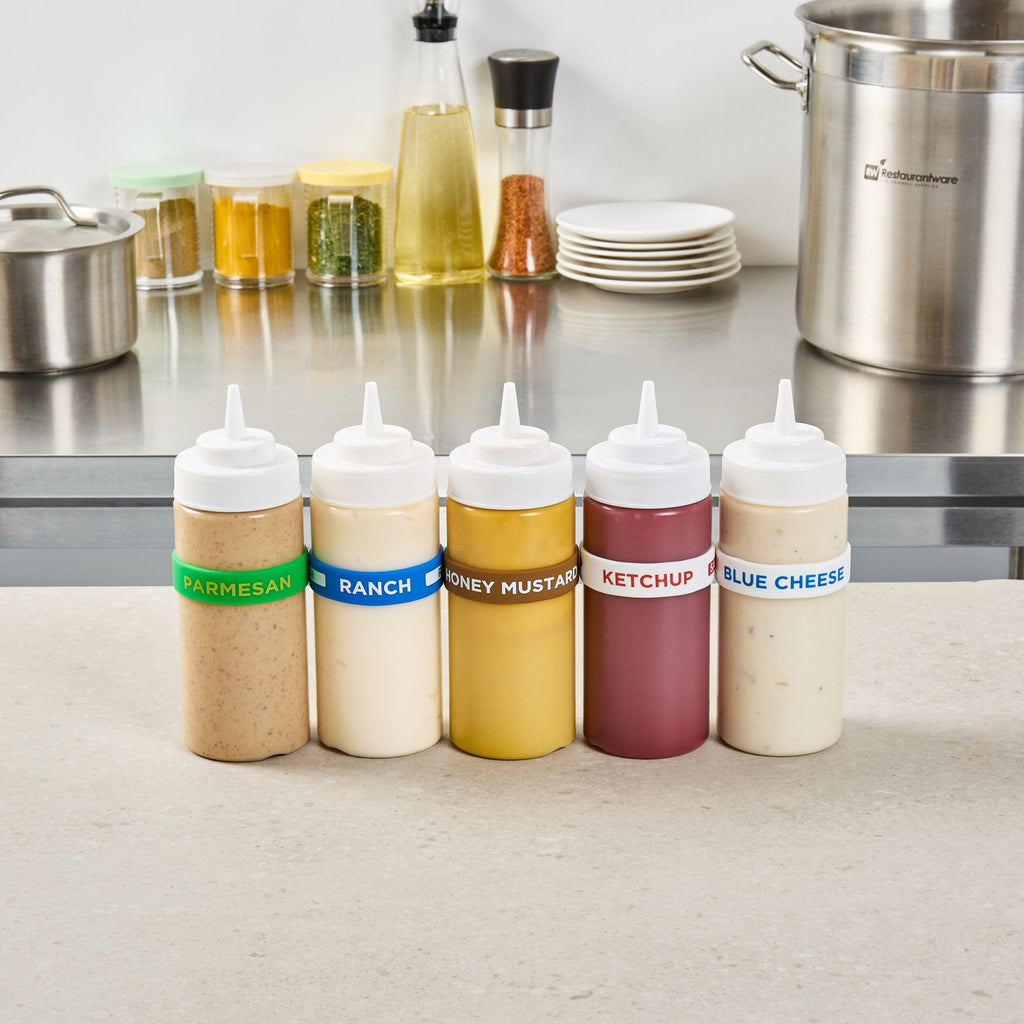 First In First Out Brown Silicone Honey Mustard Label Band - Fits 16, 20 and 24 oz Squeeze Bottles - 10 count box
