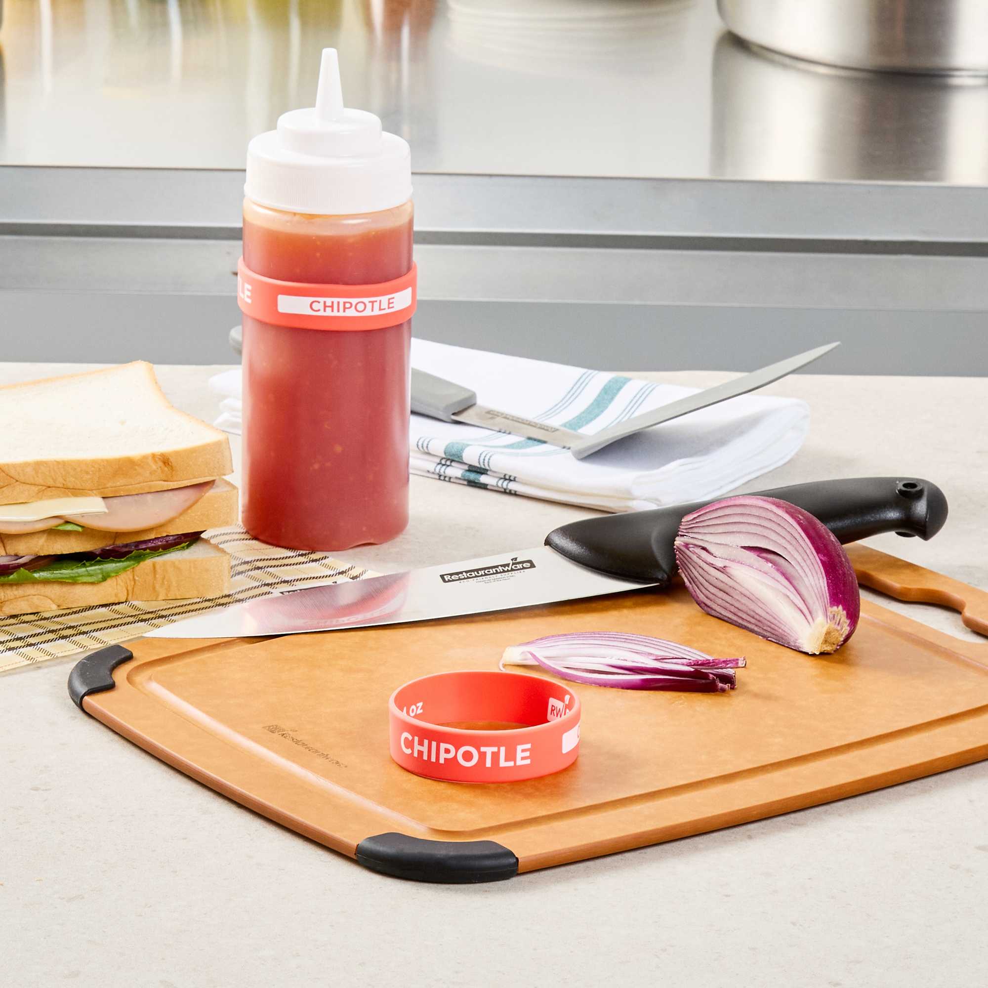 First In First Out Red Silicone Chipotle Label Band - Fits 16, 20 and 24 oz Squeeze Bottles - 1 count box