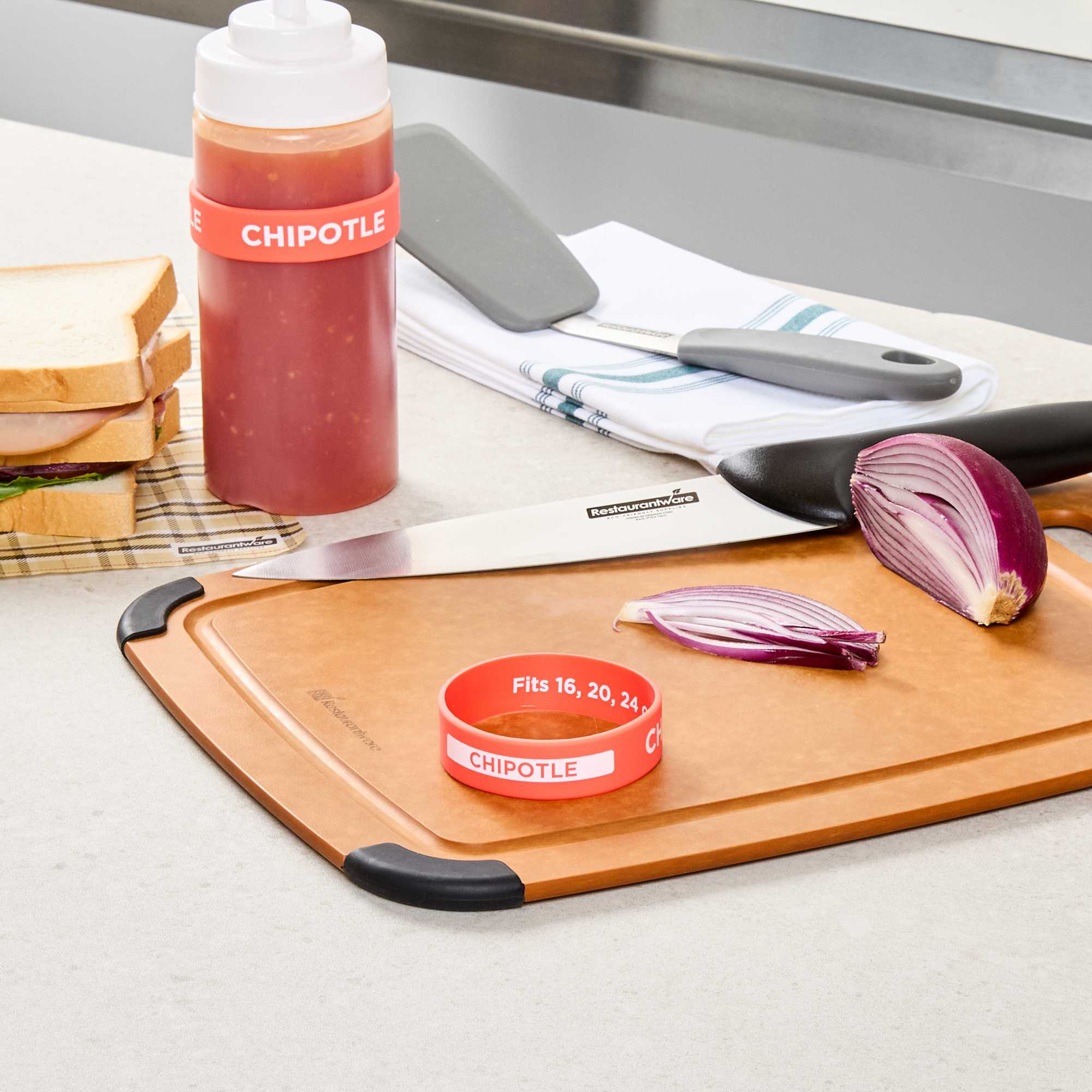 First In First Out Red Silicone Chipotle Label Band - Fits 16, 20 and 24 oz Squeeze Bottles - 1 count box