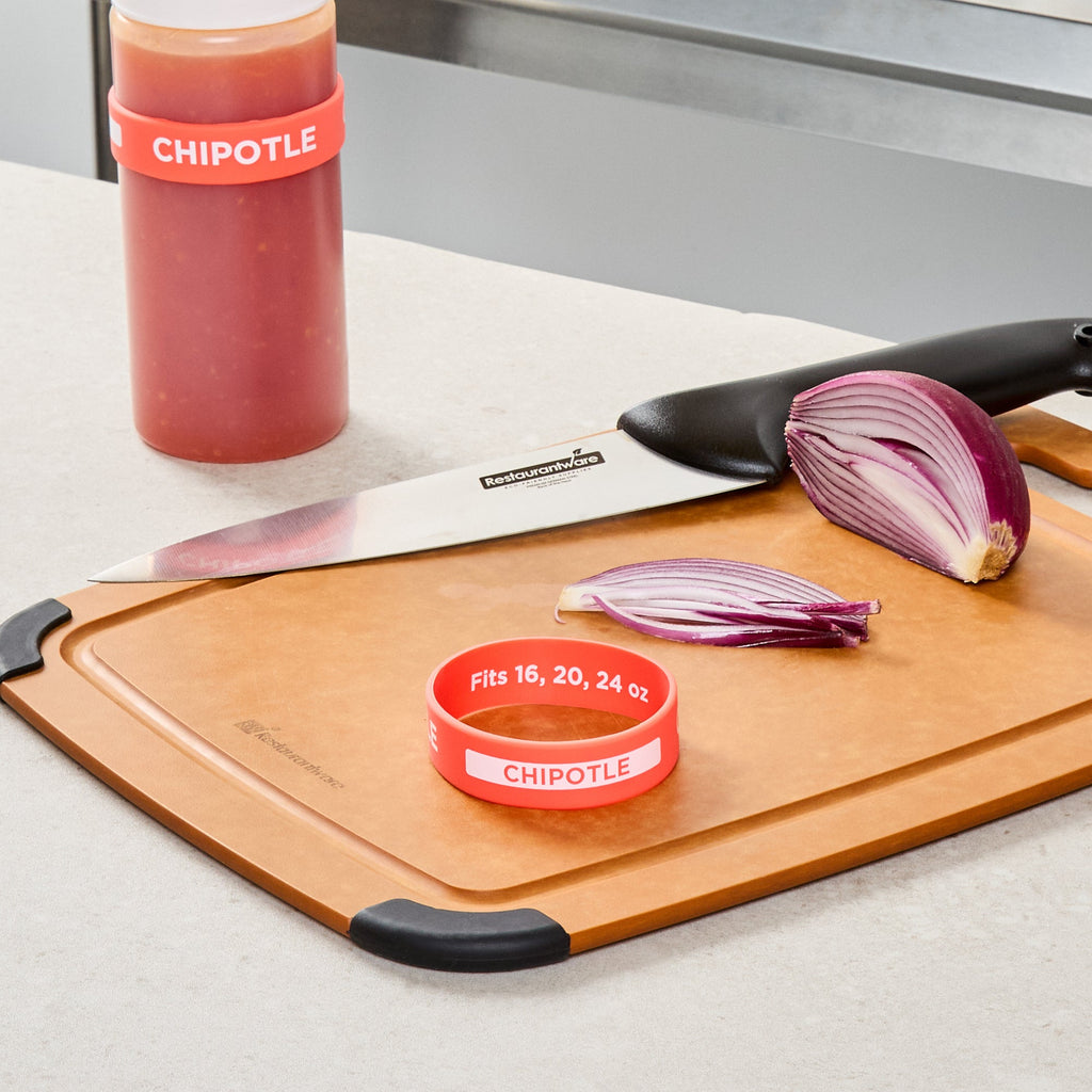 First In First Out Red Silicone Chipotle Label Band - Fits 16, 20 and 24 oz Squeeze Bottles - 10 count box