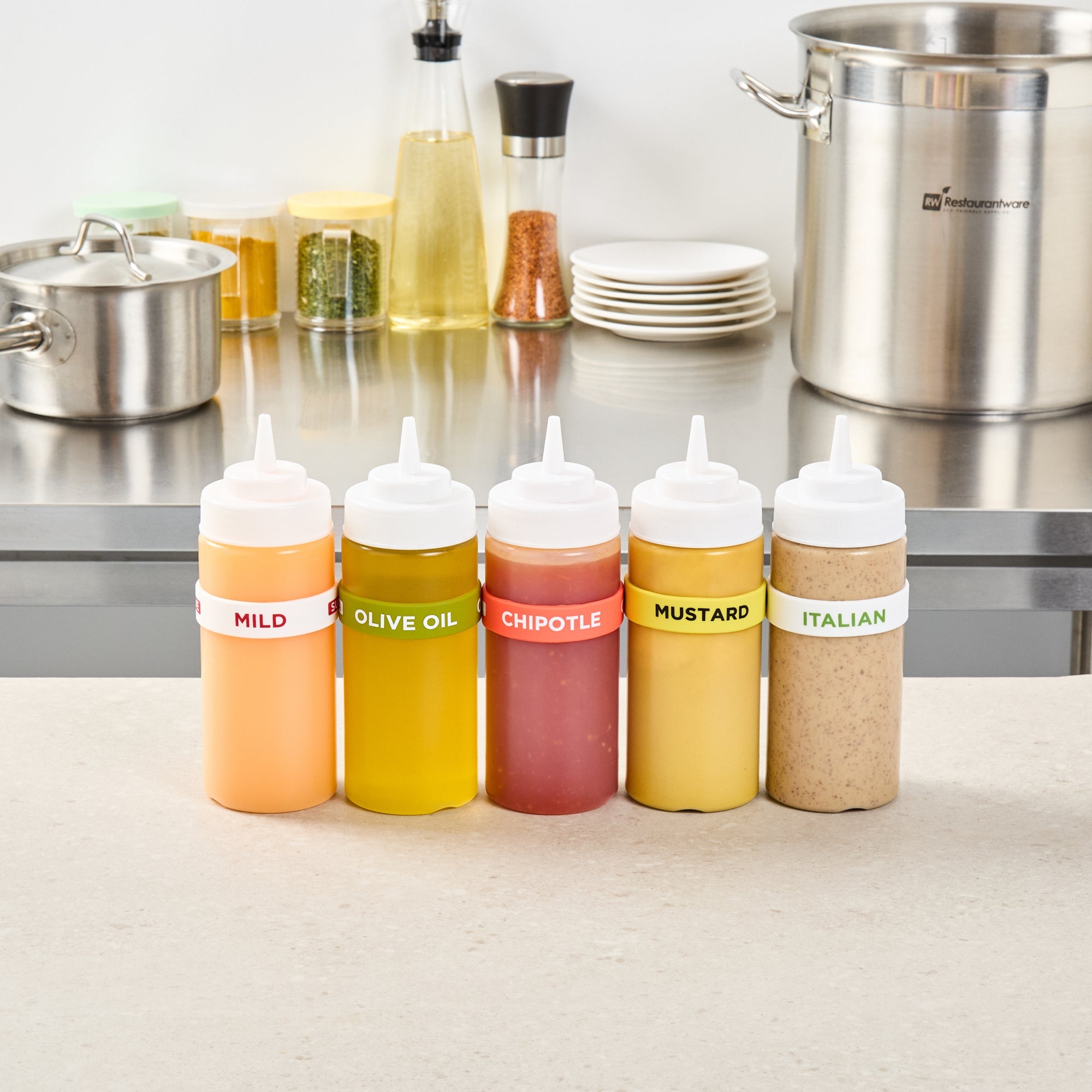 First In First Out Red Silicone Chipotle Label Band - Fits 16, 20 and 24 oz Squeeze Bottles - 10 count box