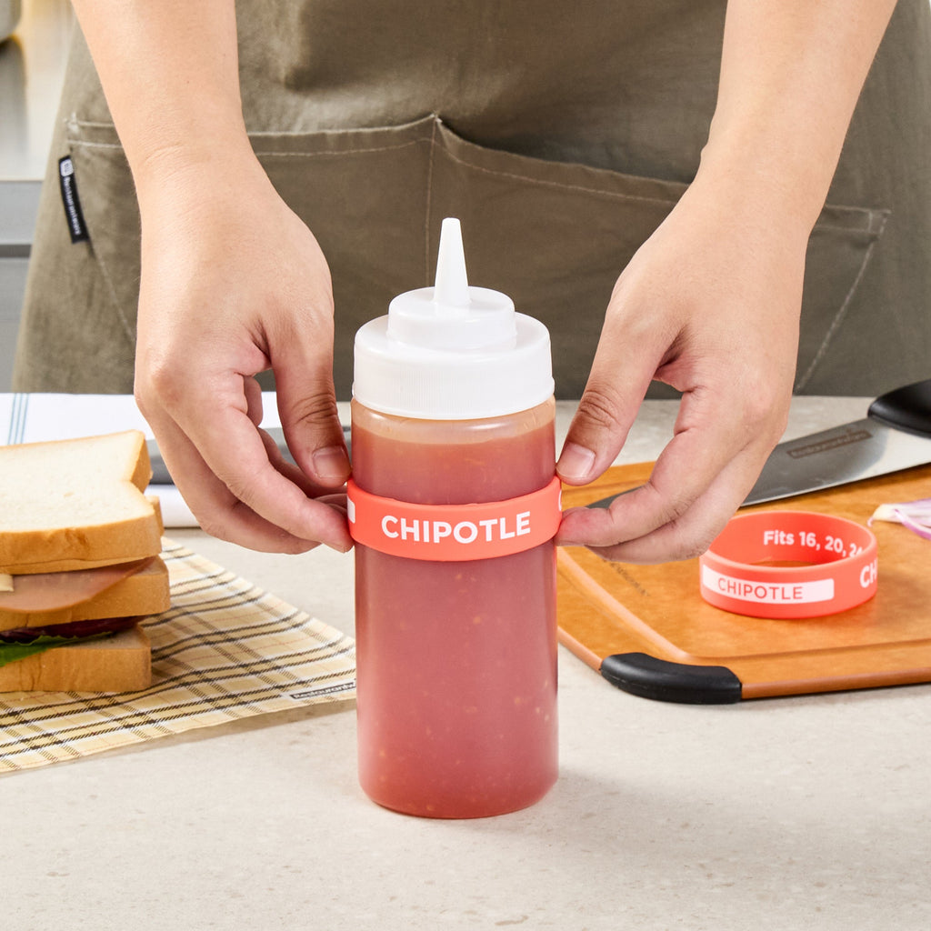 First In First Out Red Silicone Chipotle Label Band - Fits 16, 20 and 24 oz Squeeze Bottles - 10 count box