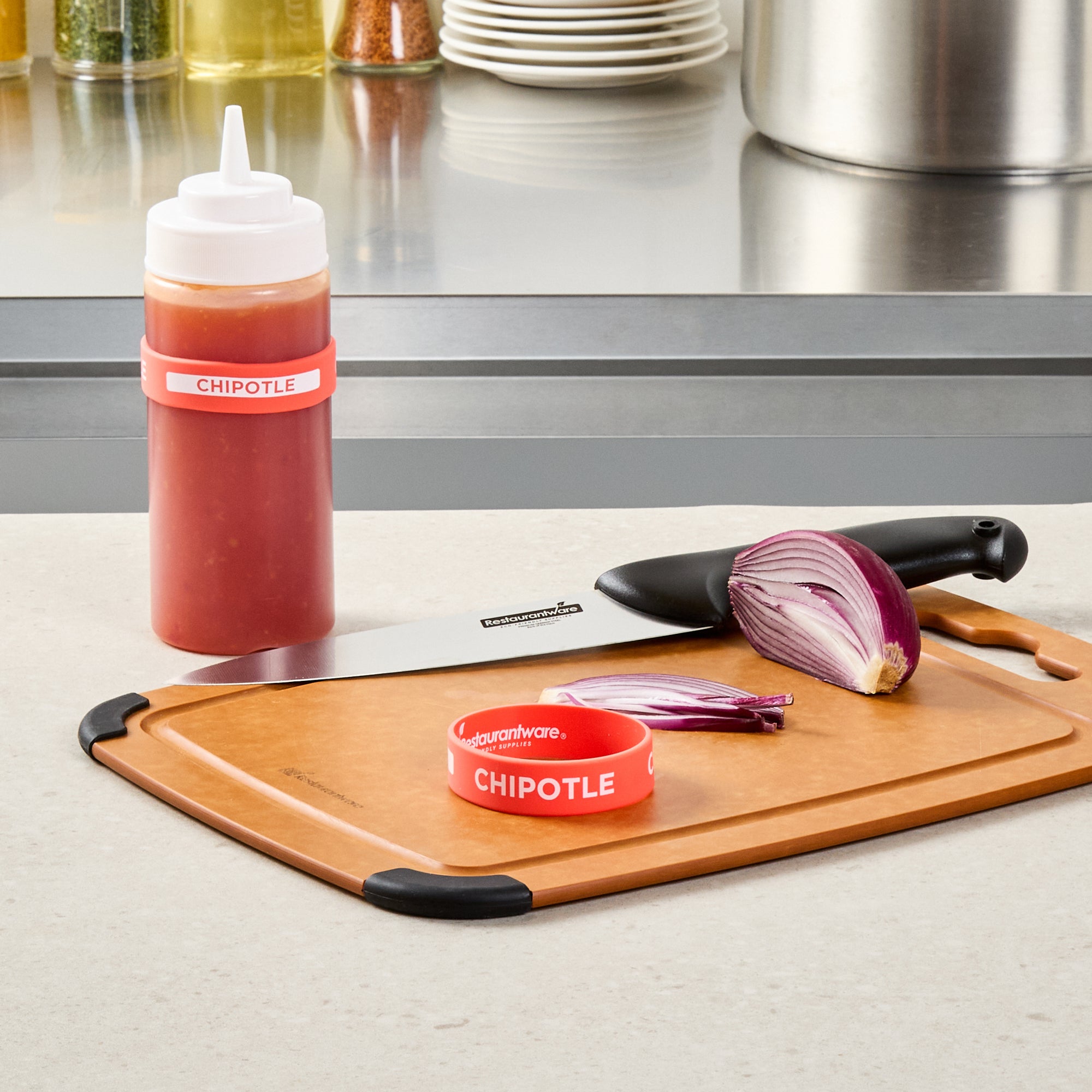 First In First Out Red Silicone Chipotle Label Band - Fits 16, 20 and 24 oz Squeeze Bottles - 10 count box