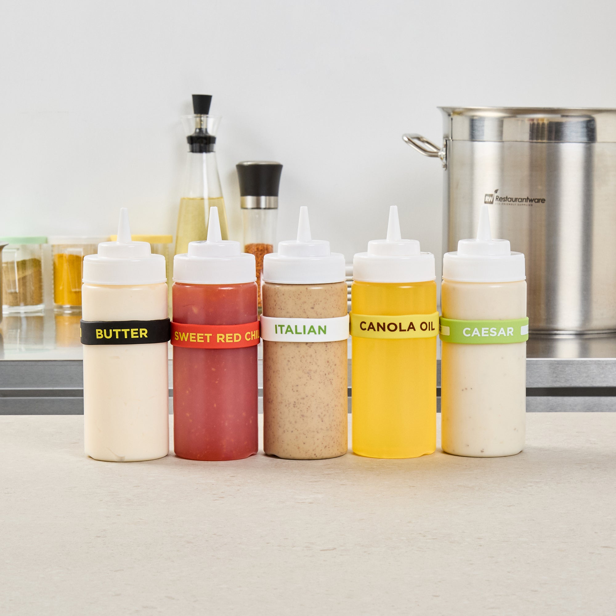 First In First Out White Silicone Italian Label Band - Fits 16, 20 and 24 oz Squeeze Bottles - 10 count box