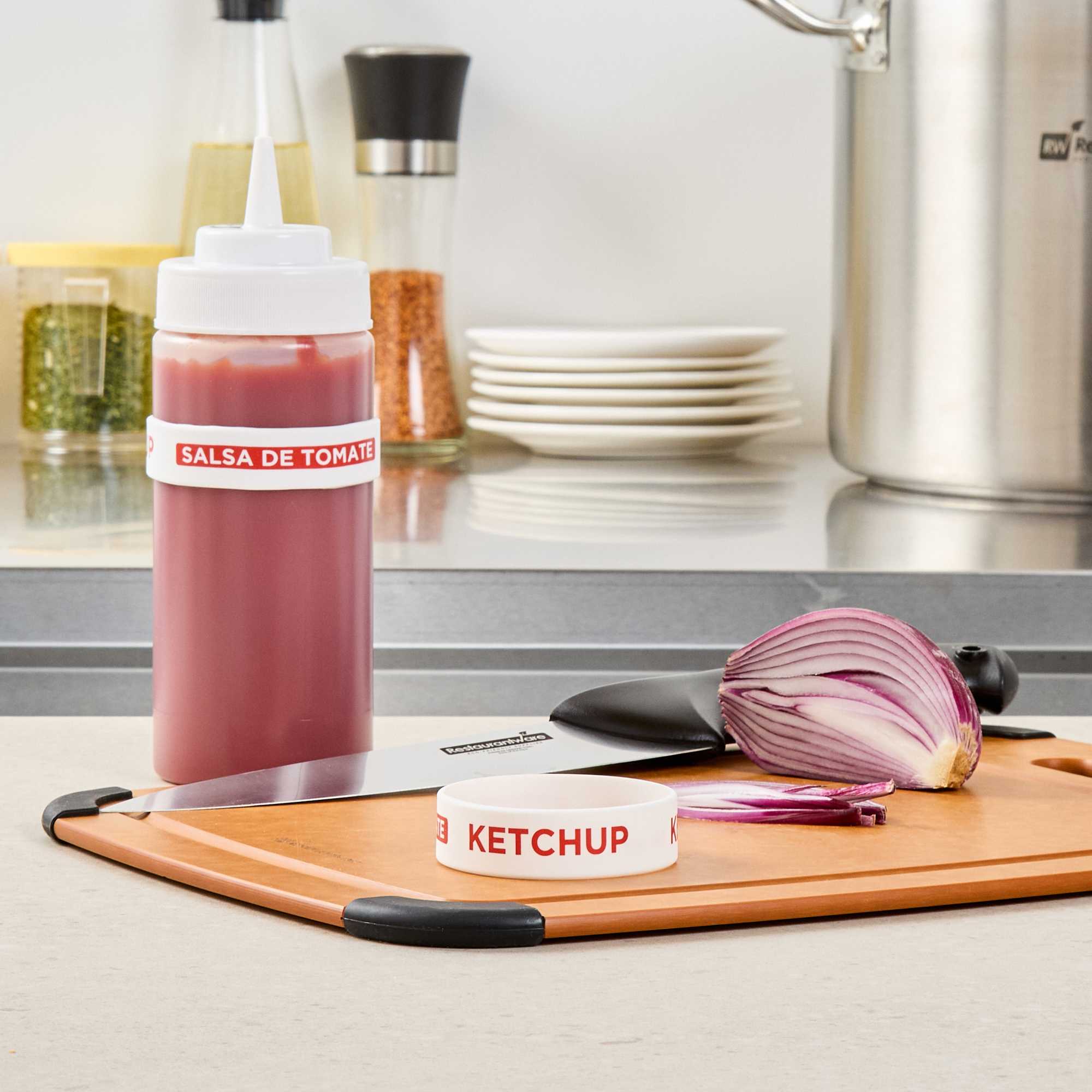 First In First Out White Silicone Ketchup Label Band - Fits 16, 20 and 24 oz Squeeze Bottles - 1 count box