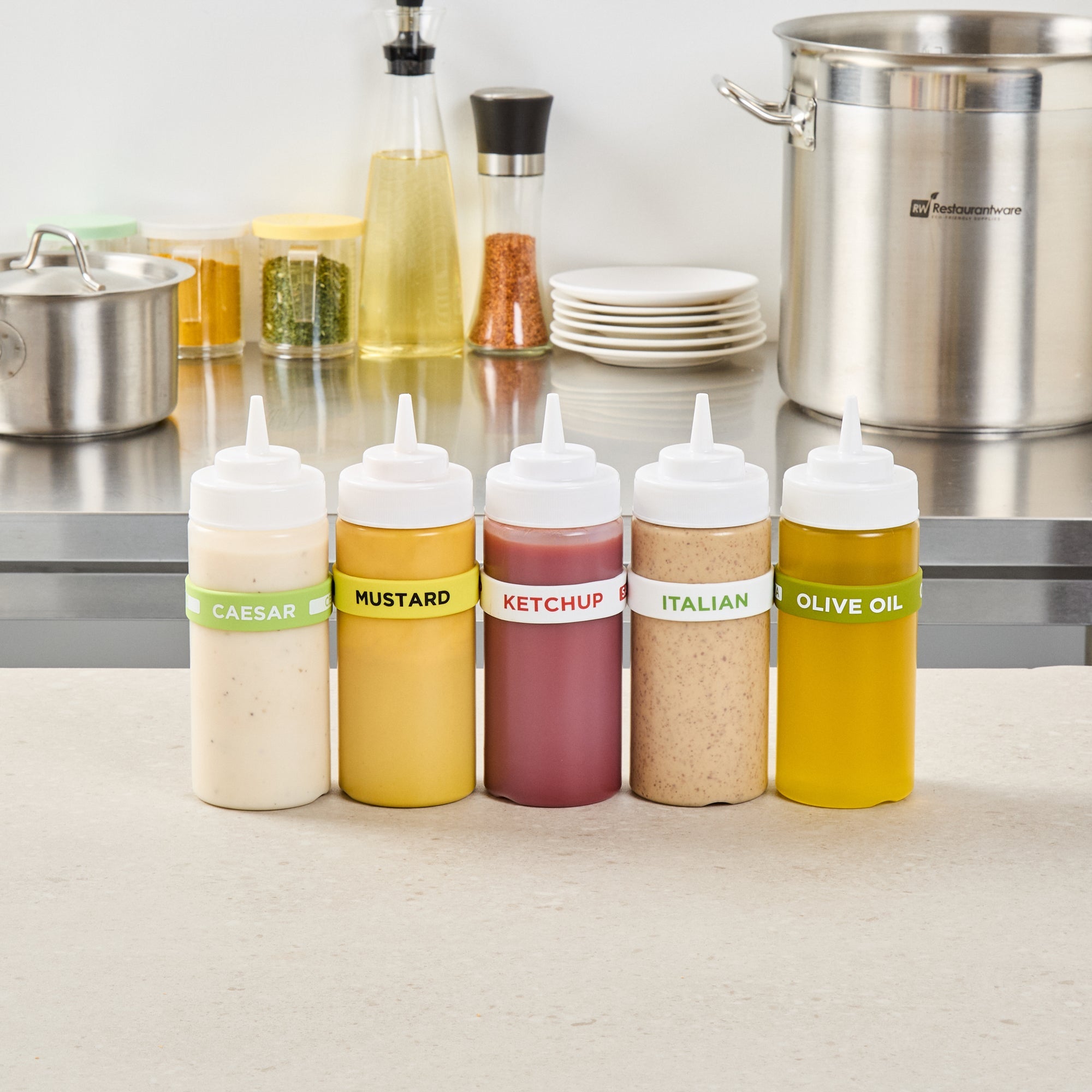 First In First Out White Silicone Ketchup Label Band - Fits 16, 20 and 24 oz Squeeze Bottles - 10 count box