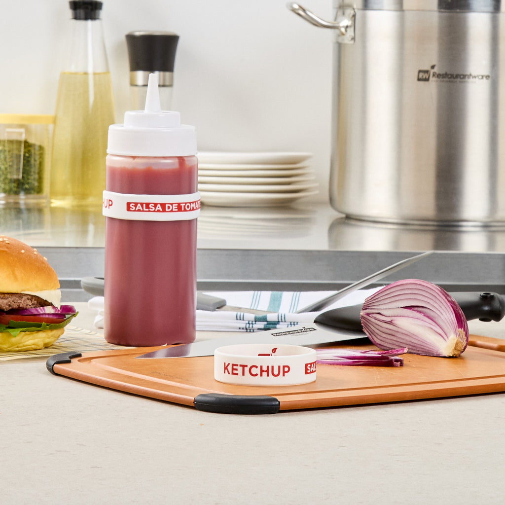 First In First Out White Silicone Ketchup Label Band - Fits 16, 20 and 24 oz Squeeze Bottles - 10 count box