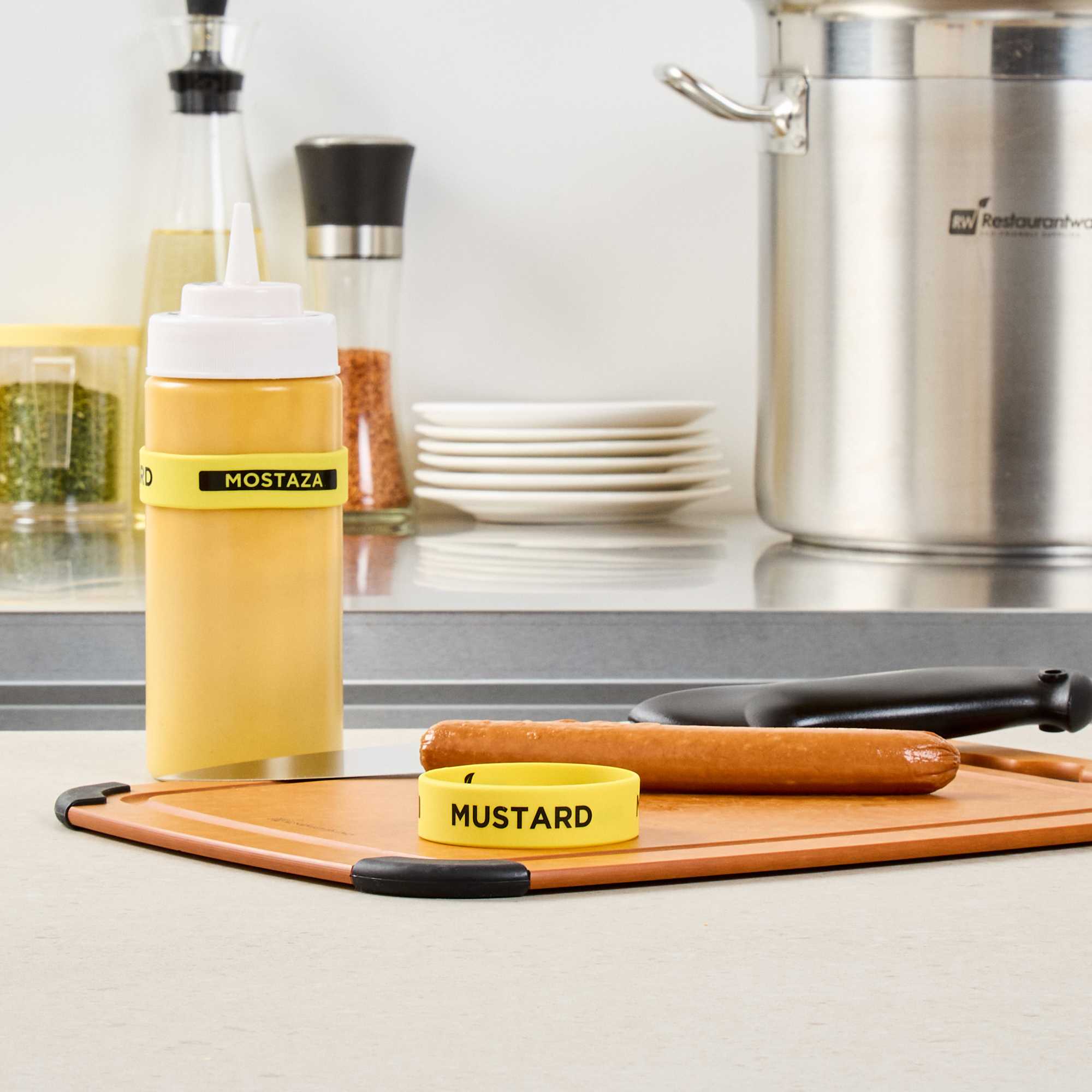 First In First Out Yellow Silicone Mustard Label Band - Fits 16, 20 and 24 oz Squeeze Bottles - 1 count box