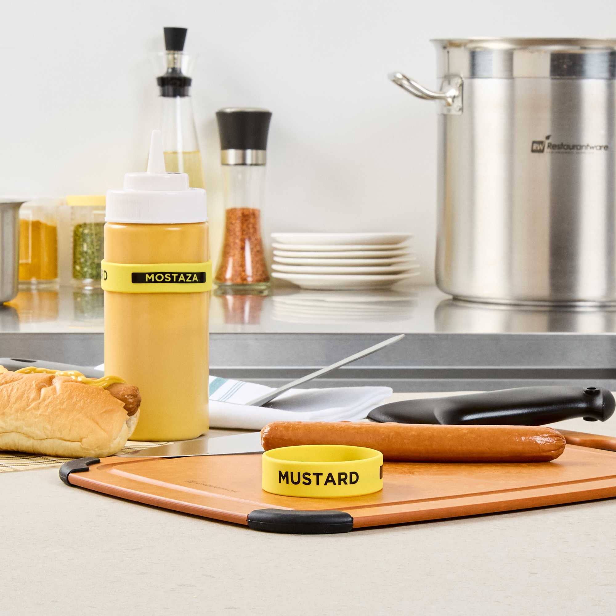 First In First Out Yellow Silicone Mustard Label Band - Fits 16, 20 and 24 oz Squeeze Bottles - 1 count box