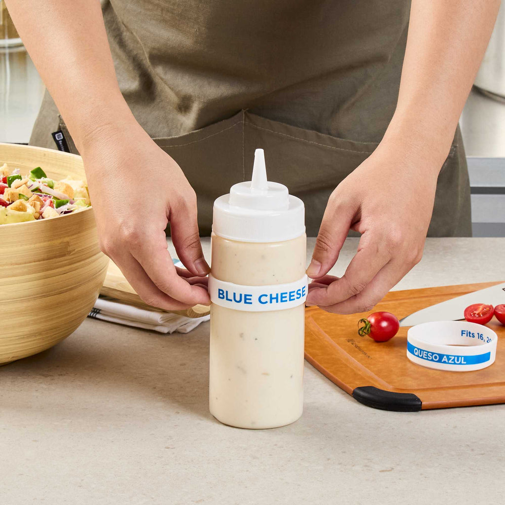 First In First Out White Silicone Blue Cheese Label Band - Fits 16, 20 and 24 oz Squeeze Bottles - 1 count box