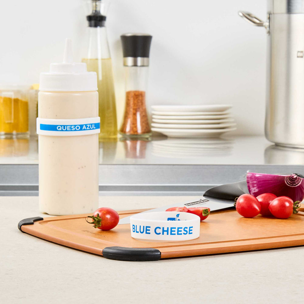 First In First Out White Silicone Blue Cheese Label Band - Fits 16, 20 and 24 oz Squeeze Bottles - 1 count box