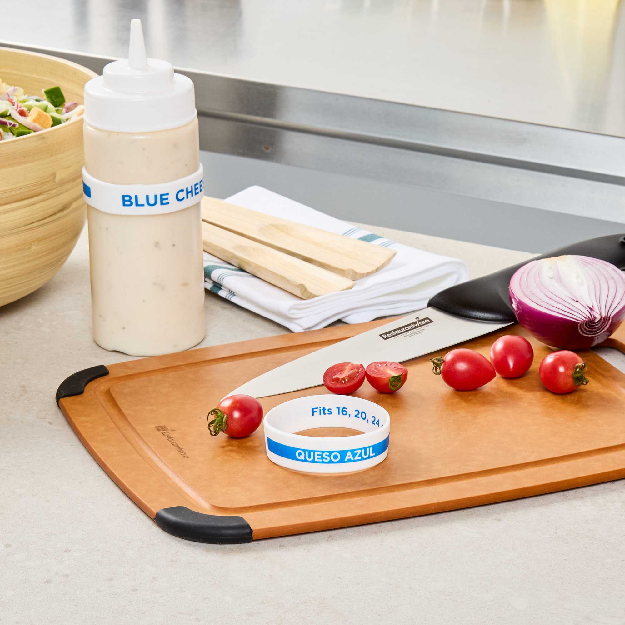 First In First Out White Silicone Blue Cheese Label Band - Fits 16, 20 and 24 oz Squeeze Bottles - 1 count box