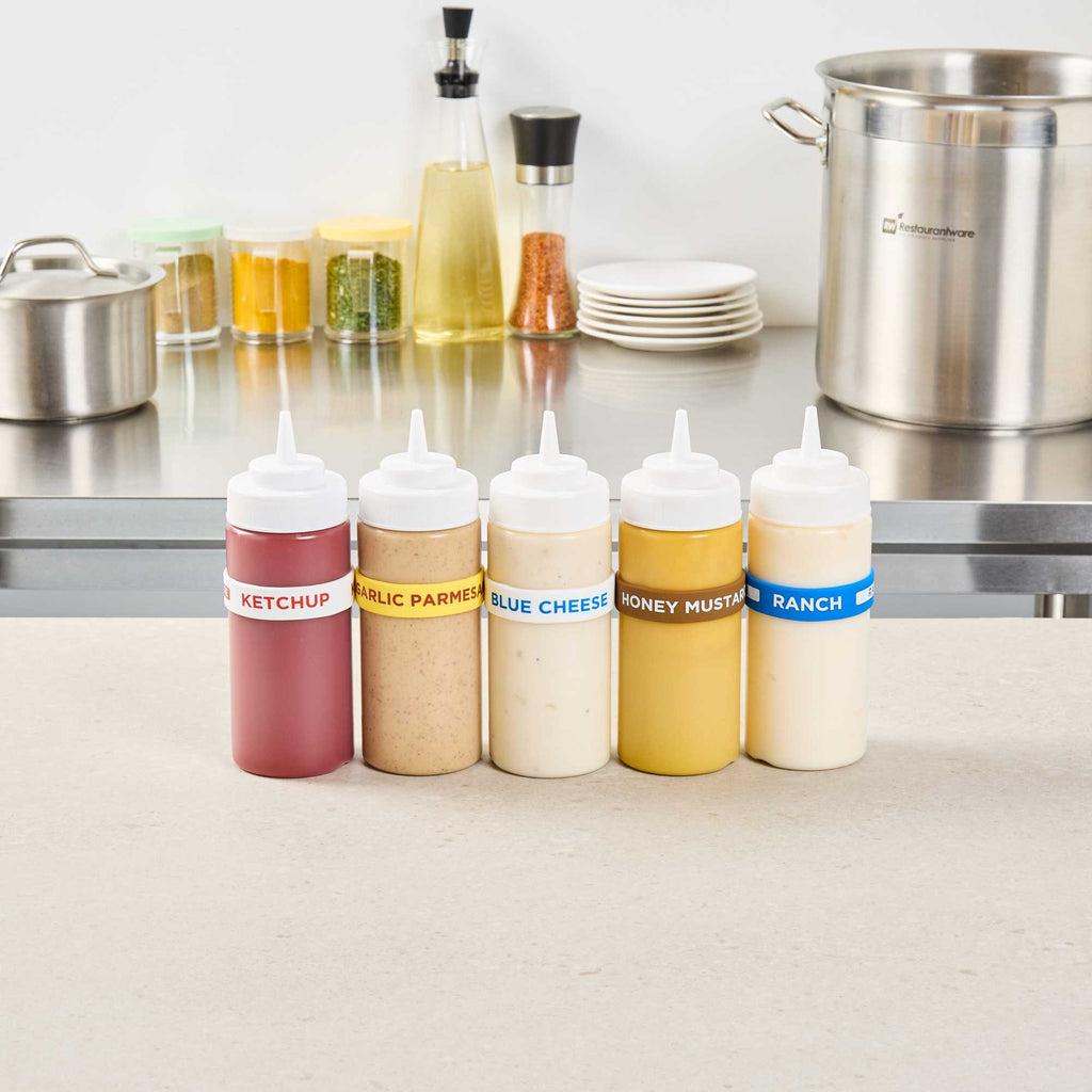 First In First Out White Silicone Blue Cheese Label Band - Fits 16, 20 and 24 oz Squeeze Bottles - 1 count box
