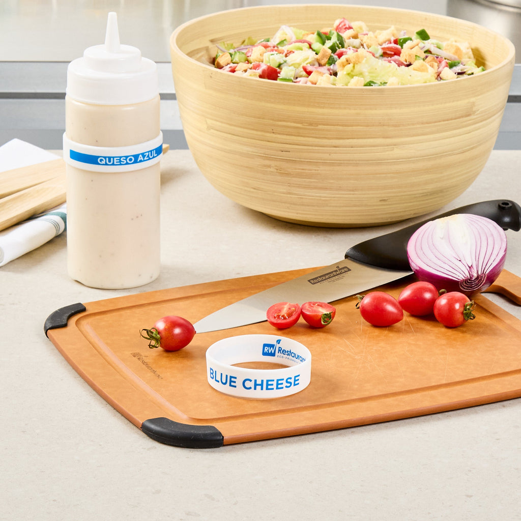 First In First Out White Silicone Blue Cheese Label Band - Fits 16, 20 and 24 oz Squeeze Bottles - 10 count box
