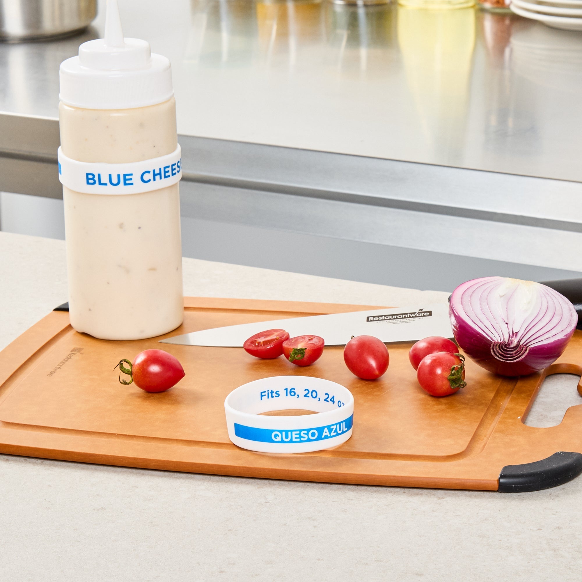 First In First Out White Silicone Blue Cheese Label Band - Fits 16, 20 and 24 oz Squeeze Bottles - 10 count box