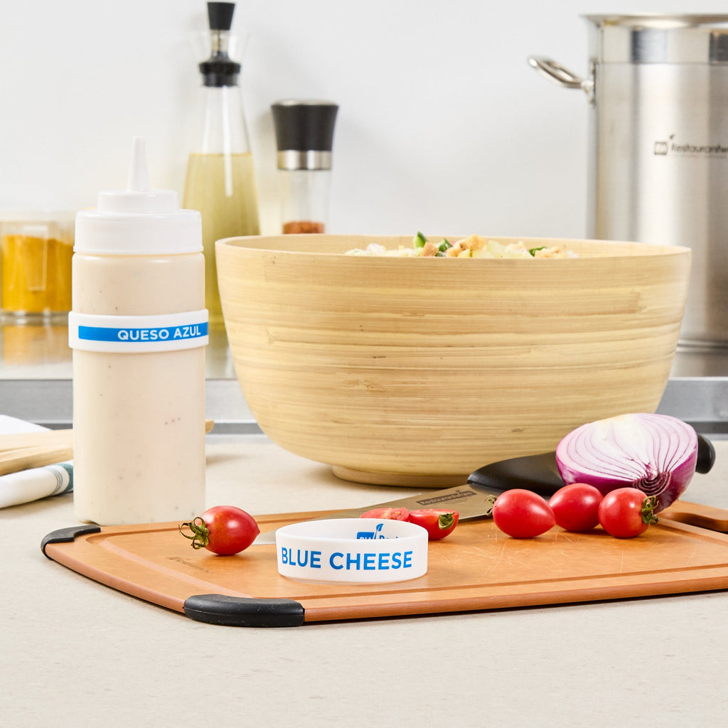 First In First Out White Silicone Blue Cheese Label Band - Fits 16, 20 and 24 oz Squeeze Bottles - 10 count box