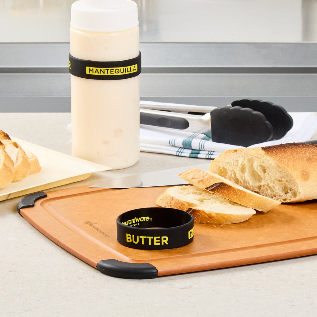 First In First Out Black Silicone Butter Label Band - Fits 16, 20 and 24 oz Squeeze Bottles - 10 count box