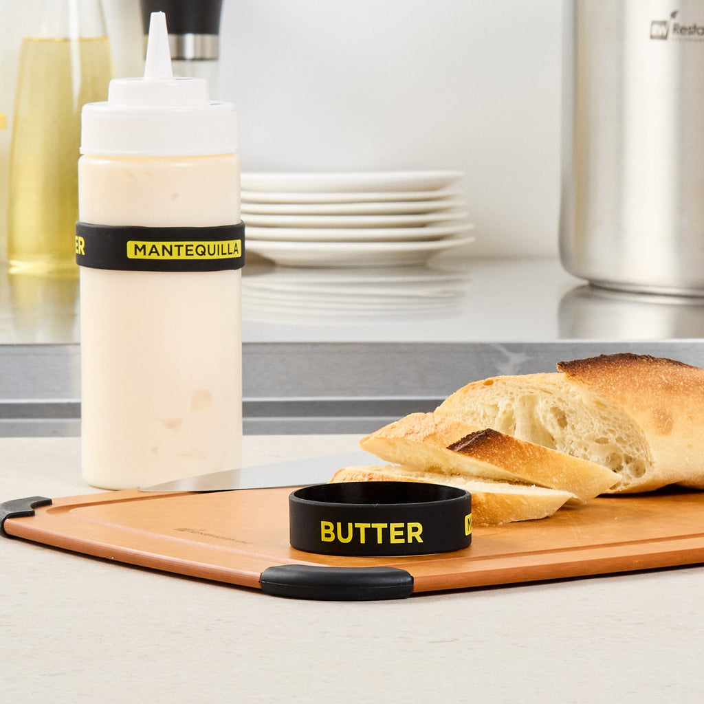 First In First Out Black Silicone Butter Label Band - Fits 16, 20 and 24 oz Squeeze Bottles - 10 count box