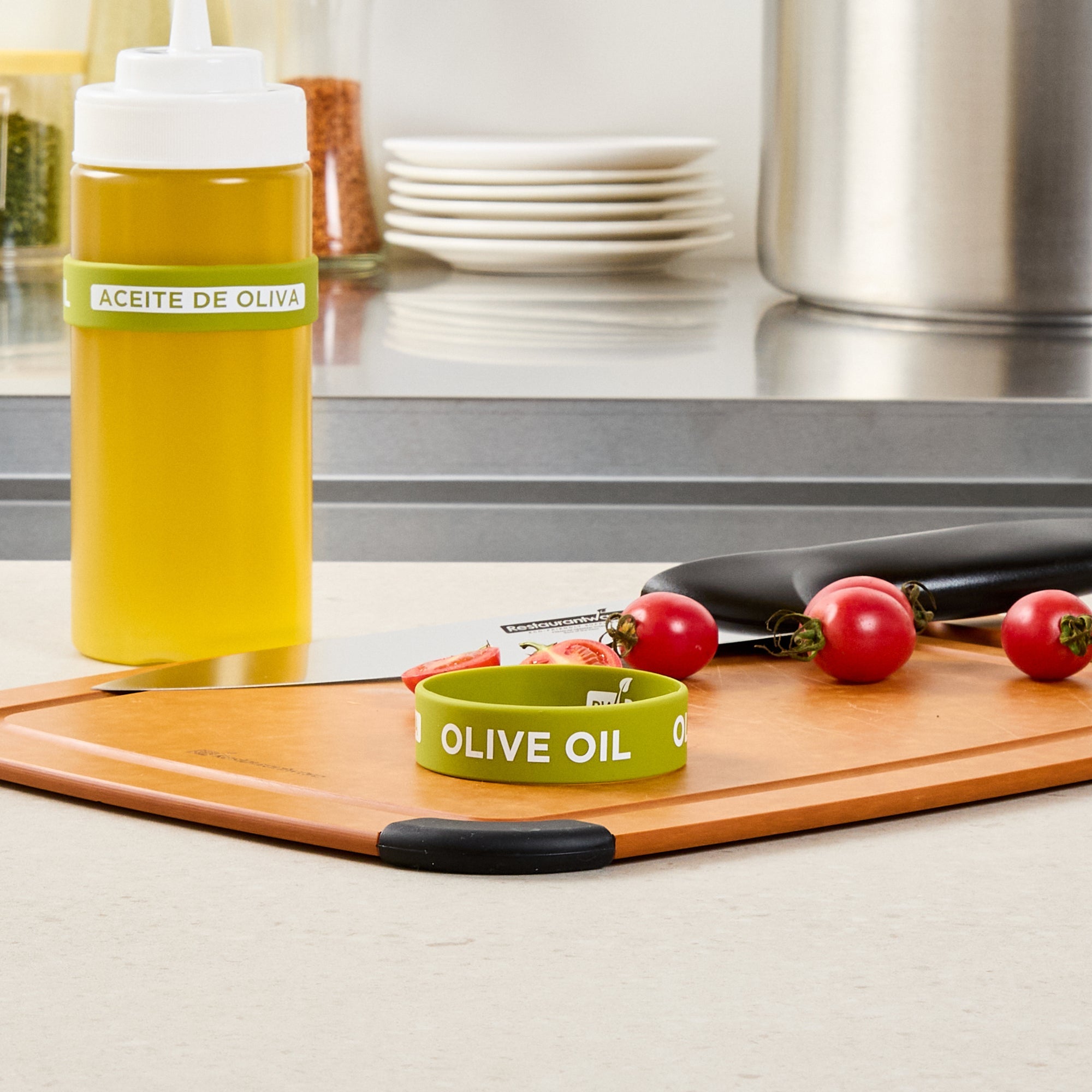 First In First Out Green Silicone Olive Oil Label Band - Fits 16, 20 and 24 oz Squeeze Bottles - 10 count box