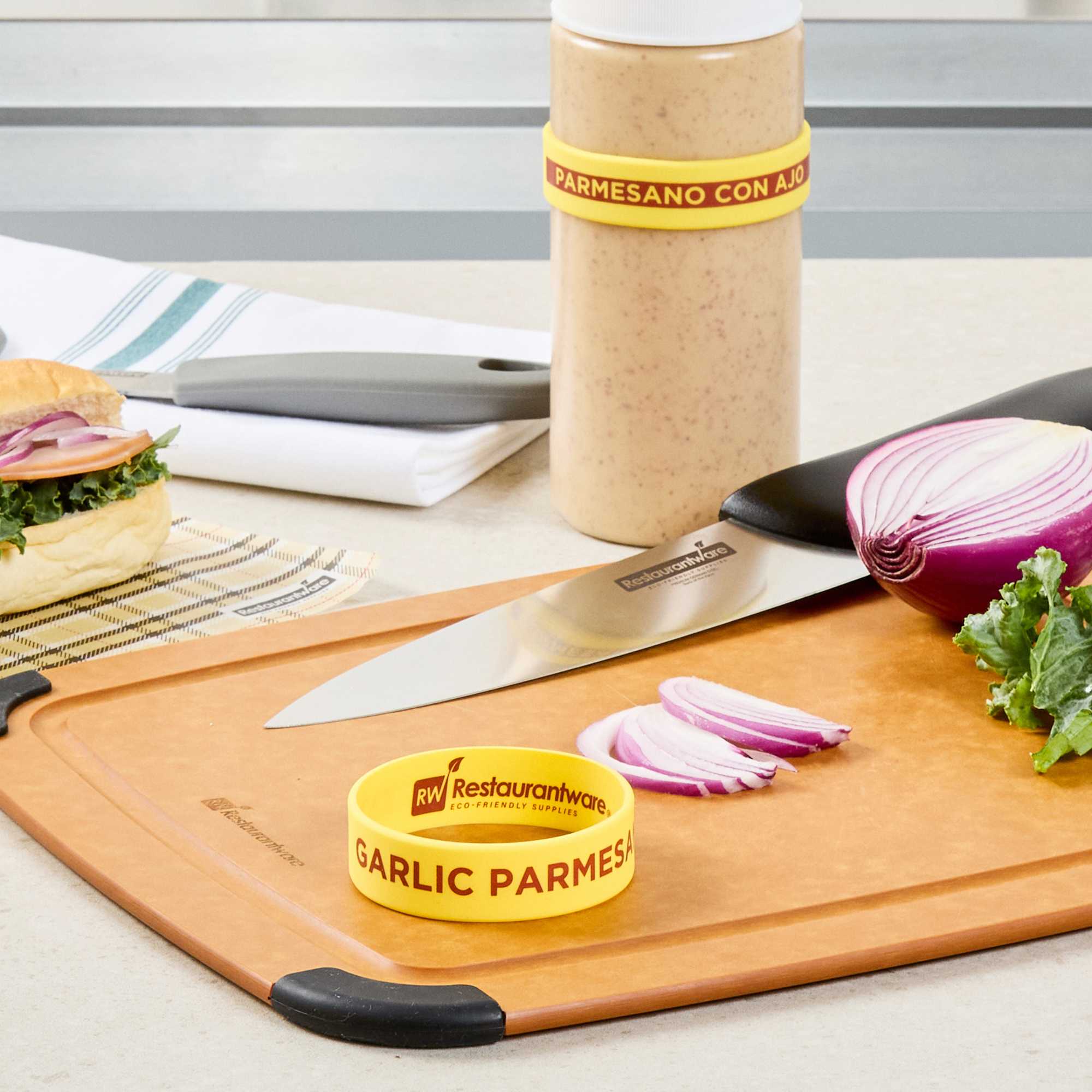 First In First Out Yellow Silicone Garlic Parmesan Label Band - Fits 16, 20 and 24 oz Squeeze Bottles - 1 count box