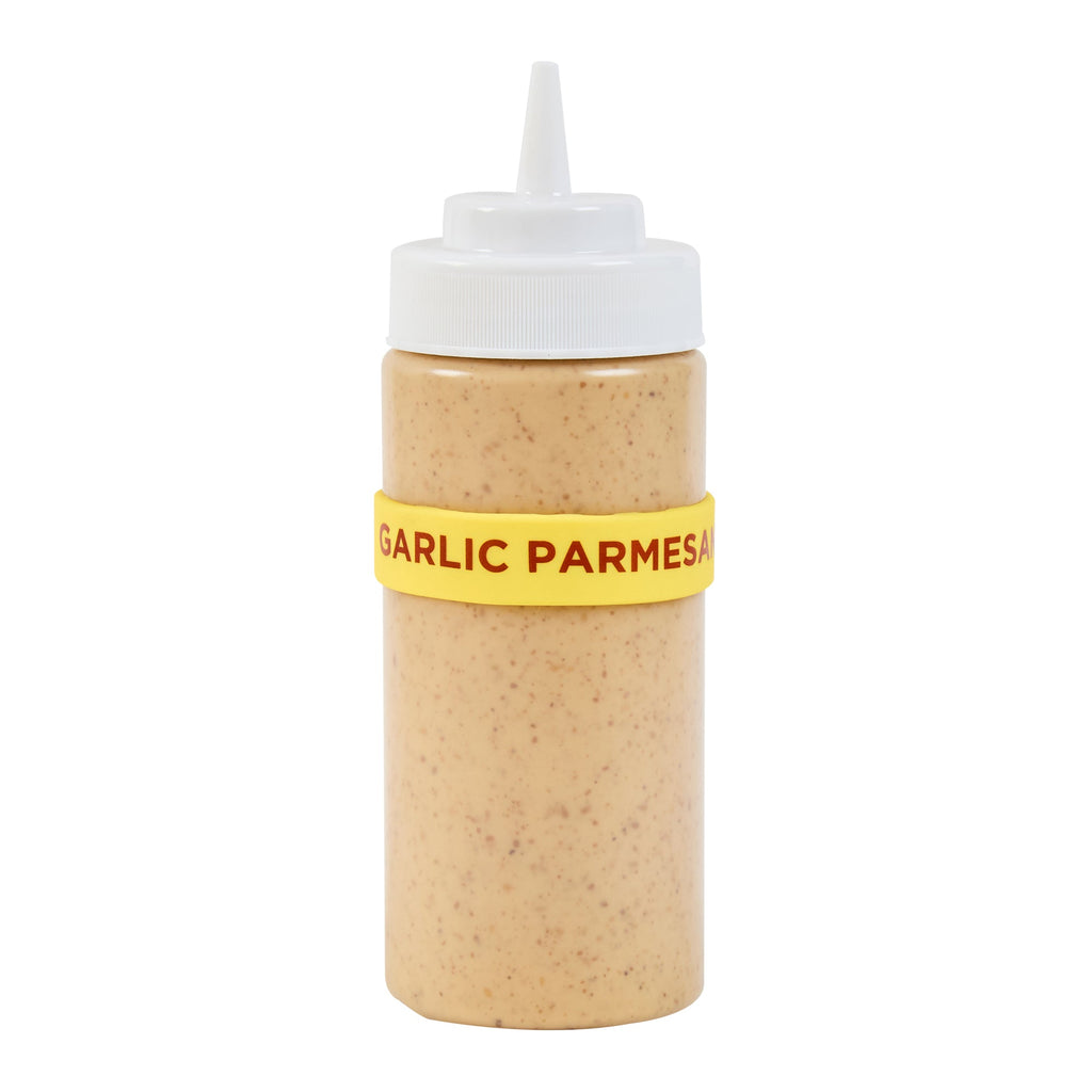 First In First Out Yellow Silicone Garlic Parmesan Label Band - Fits 16, 20 and 24 oz Squeeze Bottles - 10 count box