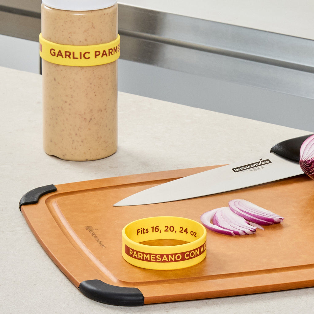 First In First Out Yellow Silicone Garlic Parmesan Label Band - Fits 16, 20 and 24 oz Squeeze Bottles - 10 count box