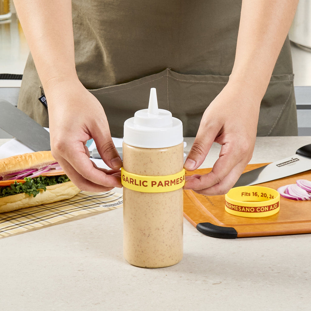 First In First Out Yellow Silicone Garlic Parmesan Label Band - Fits 16, 20 and 24 oz Squeeze Bottles - 10 count box