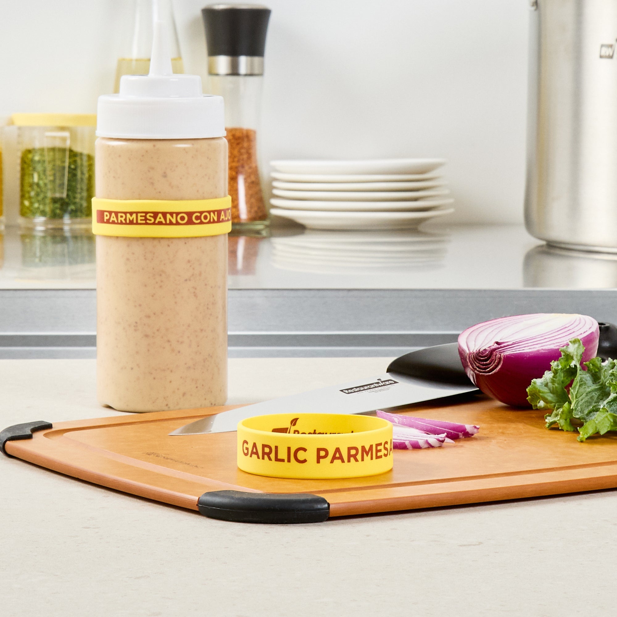 First In First Out Yellow Silicone Garlic Parmesan Label Band - Fits 16, 20 and 24 oz Squeeze Bottles - 10 count box