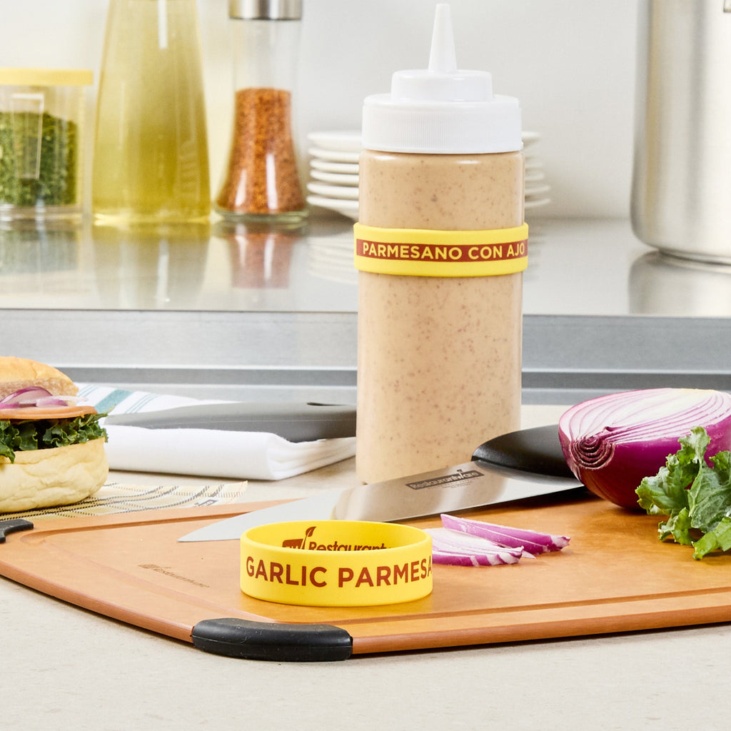 First In First Out Yellow Silicone Garlic Parmesan Label Band - Fits 16, 20 and 24 oz Squeeze Bottles - 10 count box