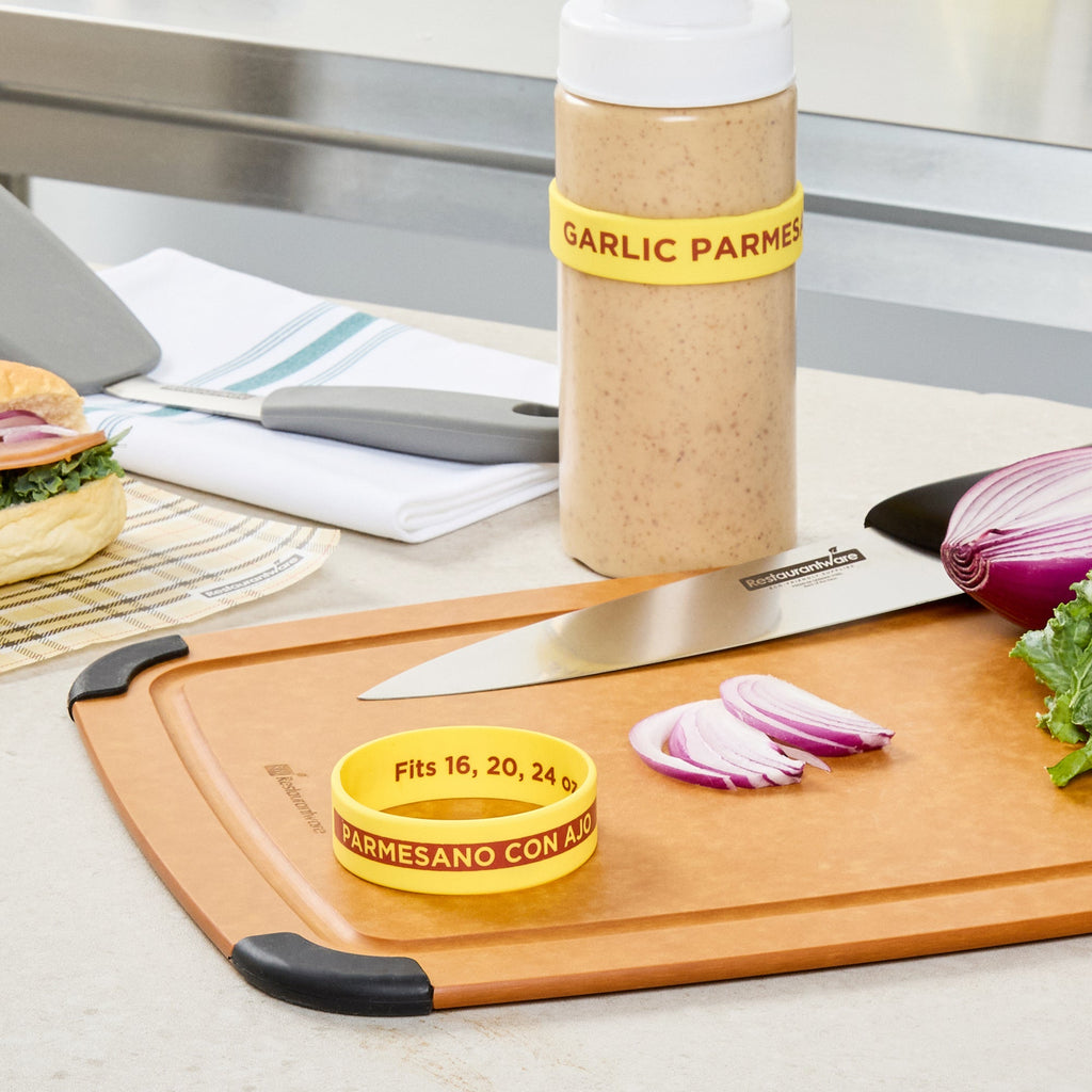 First In First Out Yellow Silicone Garlic Parmesan Label Band - Fits 16, 20 and 24 oz Squeeze Bottles - 10 count box