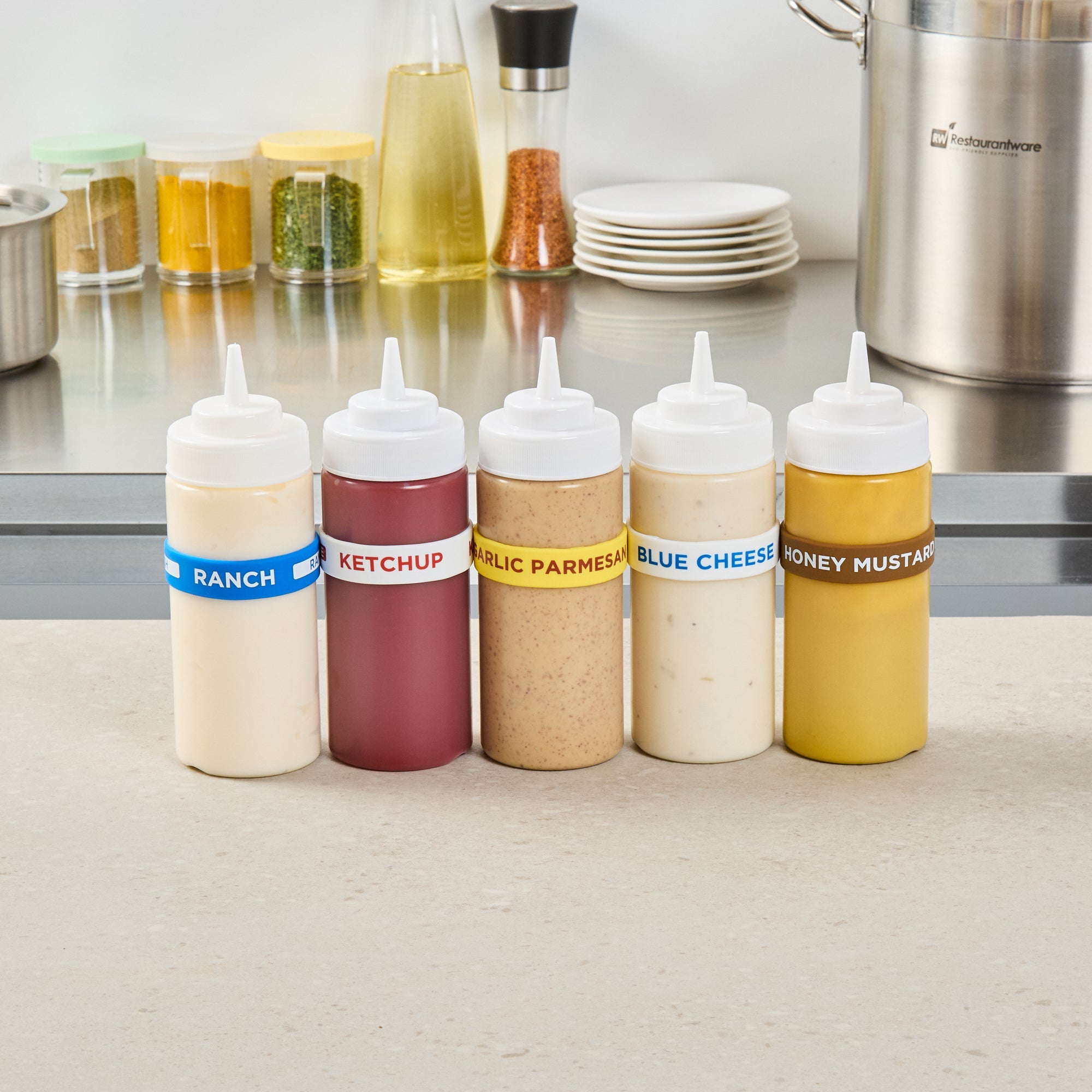 First In First Out Yellow Silicone Garlic Parmesan Label Band - Fits 16, 20 and 24 oz Squeeze Bottles - 10 count box