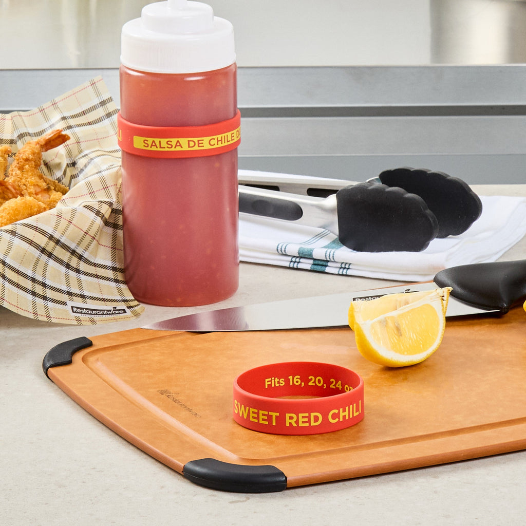 First In First Out Red Silicone Sweet Red Chili Label Band - Fits 16, 20 and 24 oz Squeeze Bottles - 10 count box
