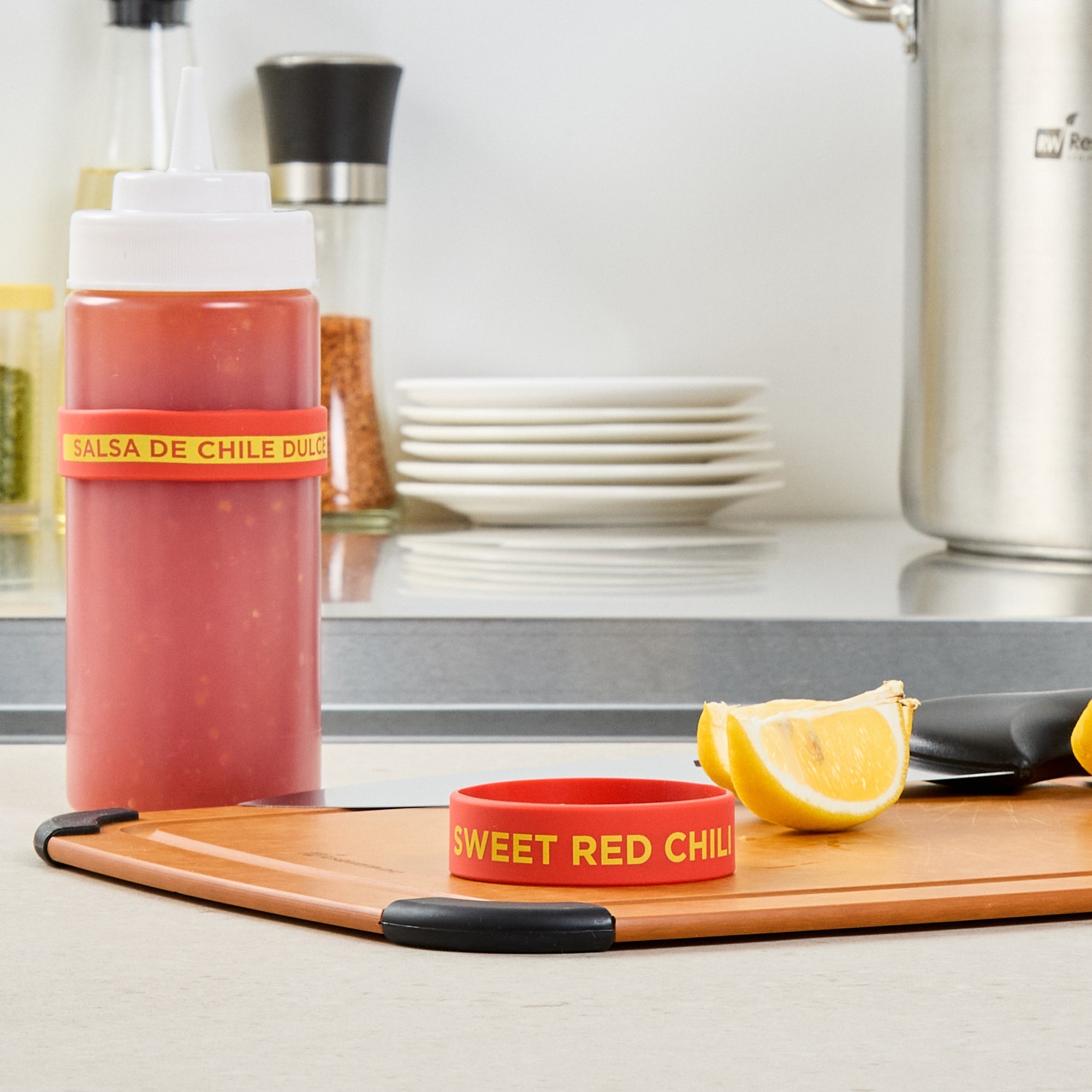 First In First Out Red Silicone Sweet Red Chili Label Band - Fits 16, 20 and 24 oz Squeeze Bottles - 10 count box