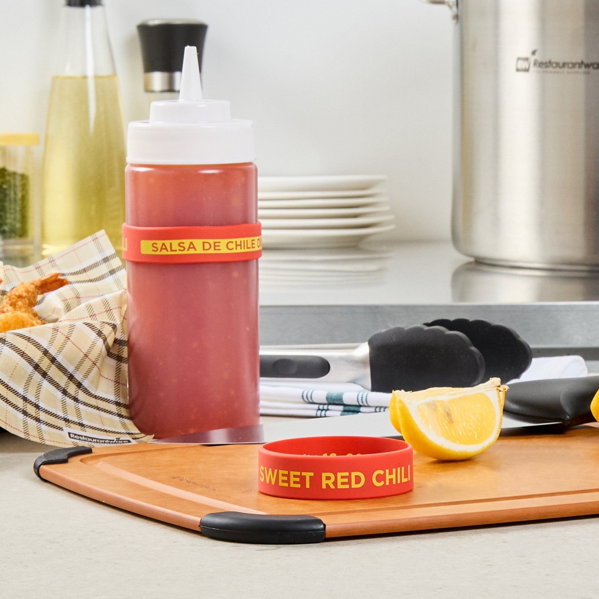 First In First Out Red Silicone Sweet Red Chili Label Band - Fits 16, 20 and 24 oz Squeeze Bottles - 10 count box