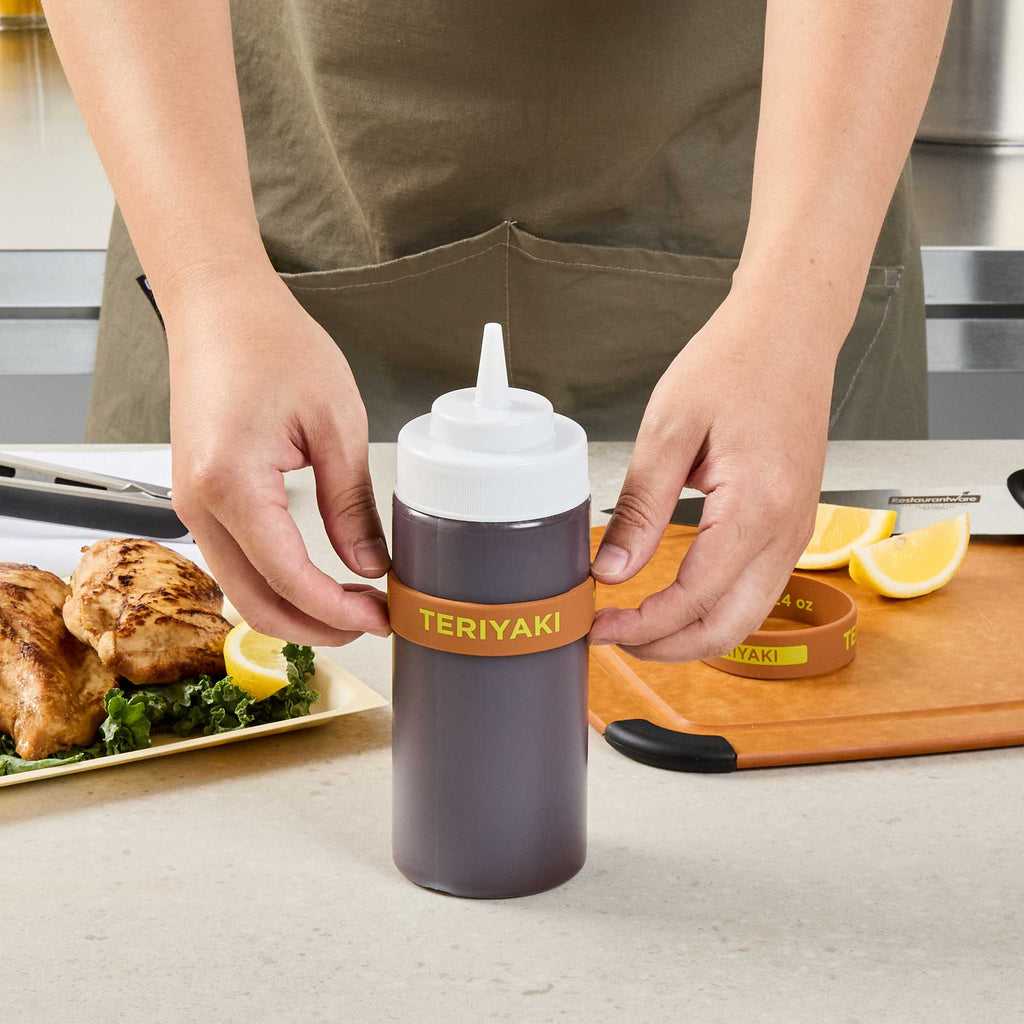 First In First Out Brown Silicone Teriyaki Label Band - Fits 16, 20 and 24 oz Squeeze Bottles - 1 count box
