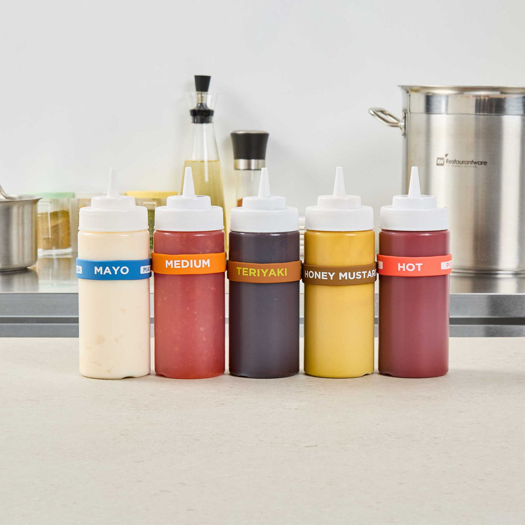 First In First Out Brown Silicone Teriyaki Label Band - Fits 16, 20 and 24 oz Squeeze Bottles - 1 count box