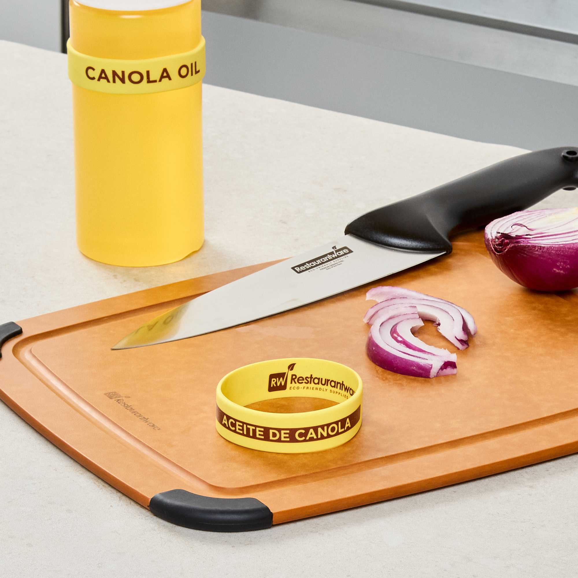 First In First Out Yellow Silicone Canola Oil Label Band - Fits 16, 20 and 24 oz Squeeze Bottles - 1 count box