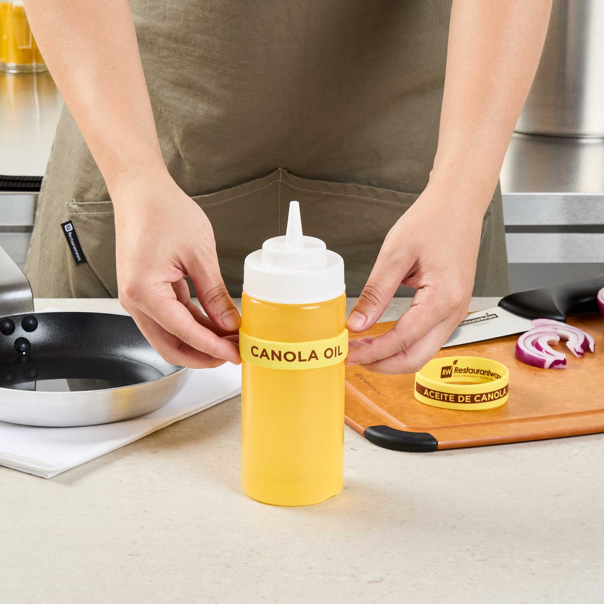 First In First Out Yellow Silicone Canola Oil Label Band - Fits 16, 20 and 24 oz Squeeze Bottles - 1 count box