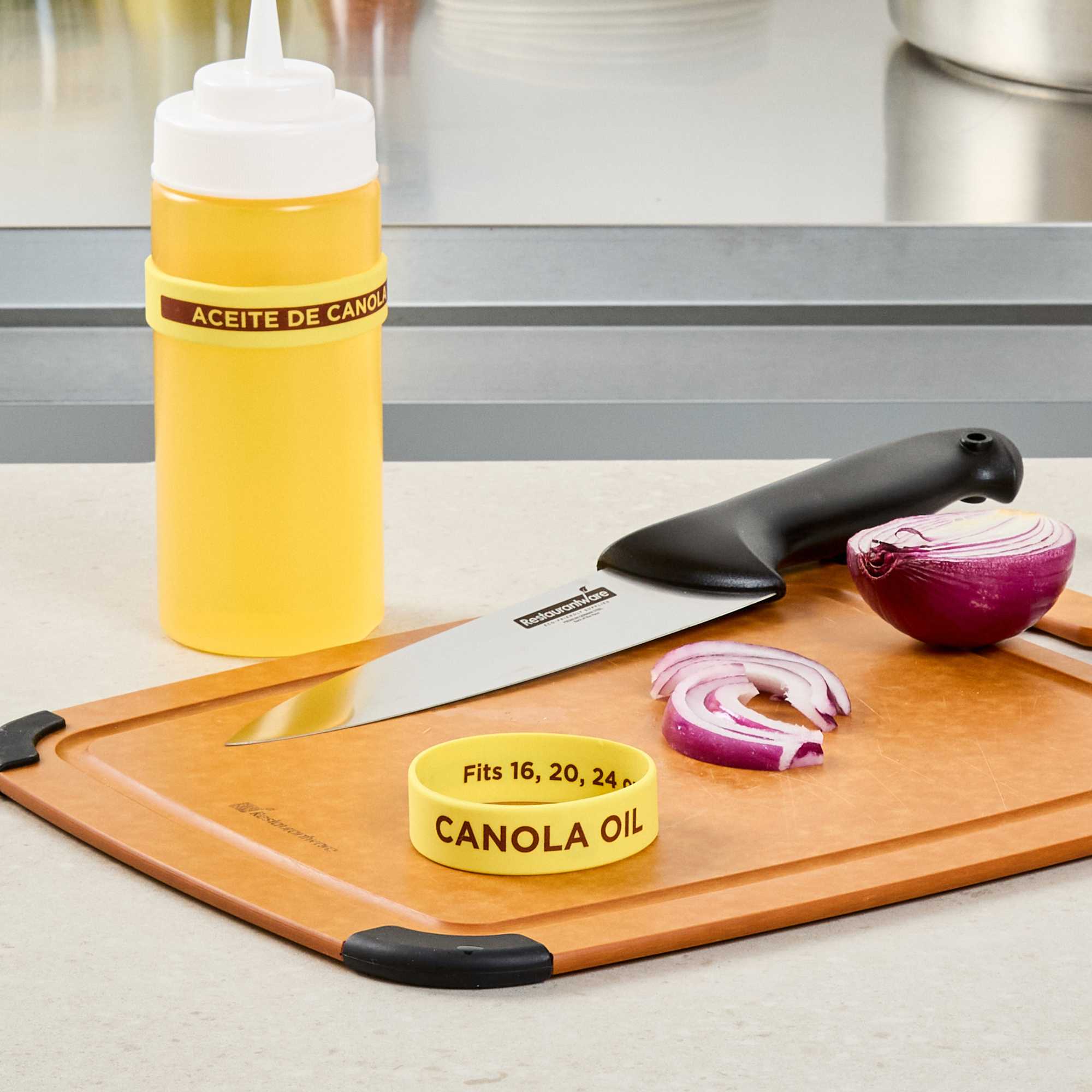 First In First Out Yellow Silicone Canola Oil Label Band - Fits 16, 20 and 24 oz Squeeze Bottles - 1 count box