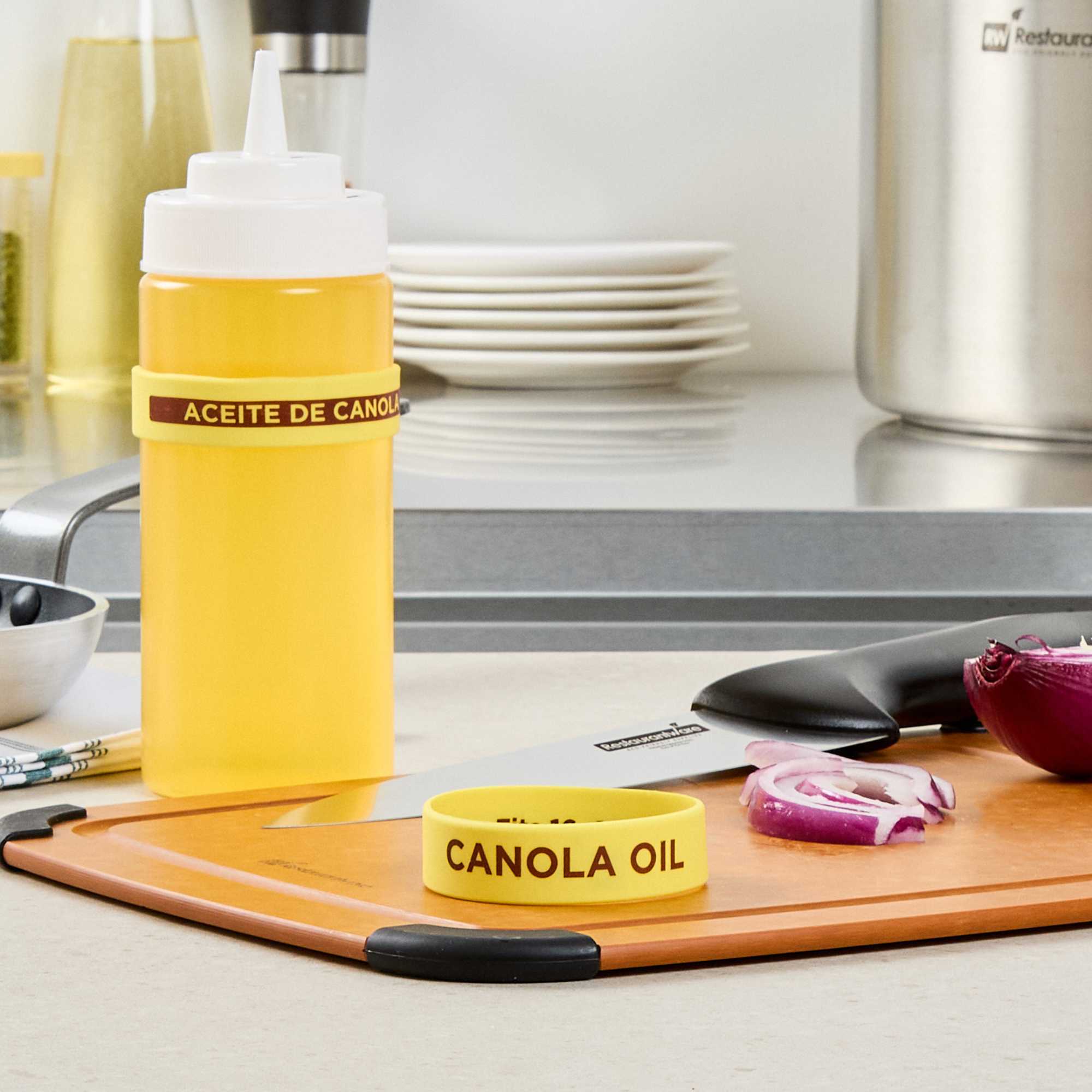 First In First Out Yellow Silicone Canola Oil Label Band - Fits 16, 20 and 24 oz Squeeze Bottles - 1 count box