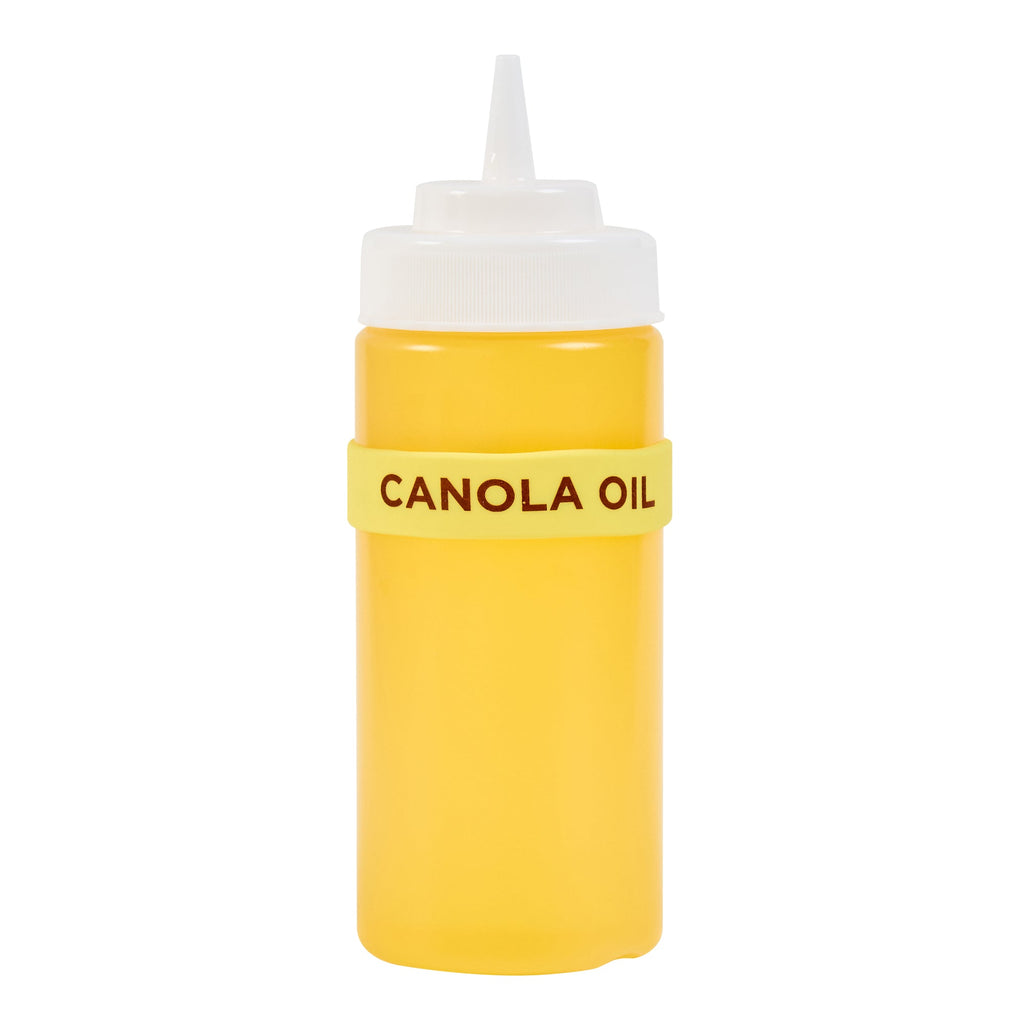 First In First Out Yellow Silicone Canola Oil Label Band - Fits 16, 20 and 24 oz Squeeze Bottles - 10 count box